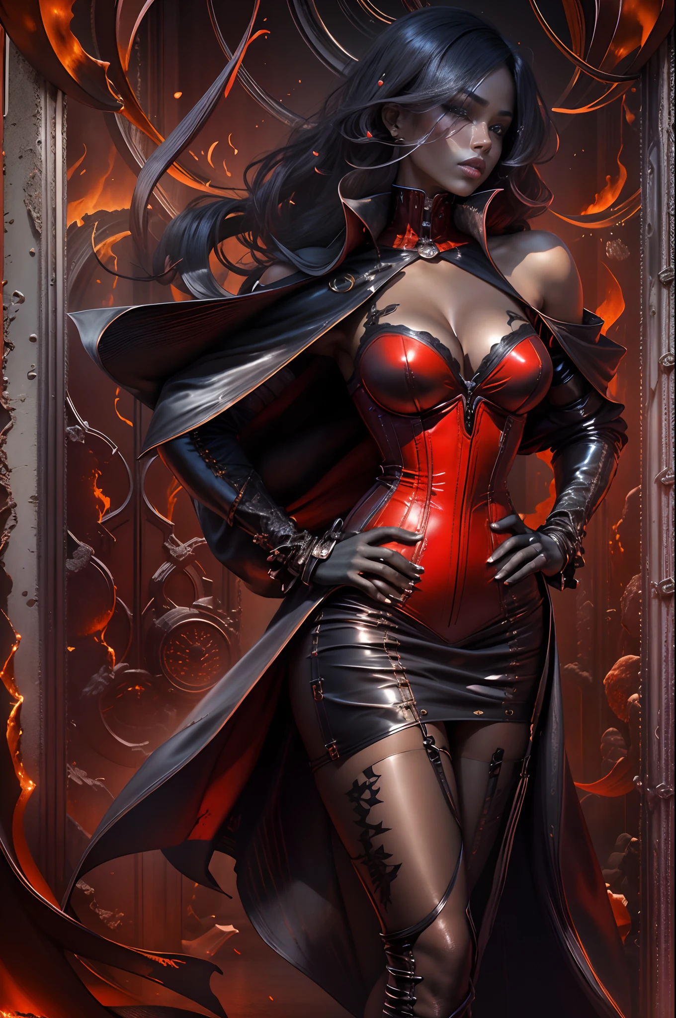 In a stunning display of avant-garde fashion and design, a sultry femme fatale emerges. Clad in a sleek leather corset and lingerie, she exudes an aura of allure and empowerment. The contrast between her dark sultry silhouette and the vibrant backdrop of fiery crimson and icy silver creates a mesmerizing composition worthy of a high-fashion editorial spread.