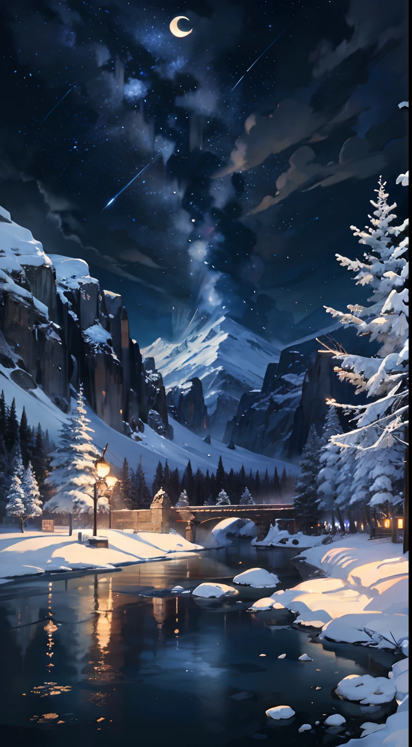 A painting of a river with stars and moon in the sky,The concept art was inspired by Tosa Mitsuoki,Pixiv competition winner,best qualtiy,Fantasyart,beautiful anime scenes,A bright moon,Starry sky environment in moonlight,High snow-capped mountains in the distance,Dream painting,Anime background art,dream scenery art,Fantastic night, anime backgrounds, background artwork, dreamlike art, Atmospheric anime, starrysky,Detail Enhancement。 --auto