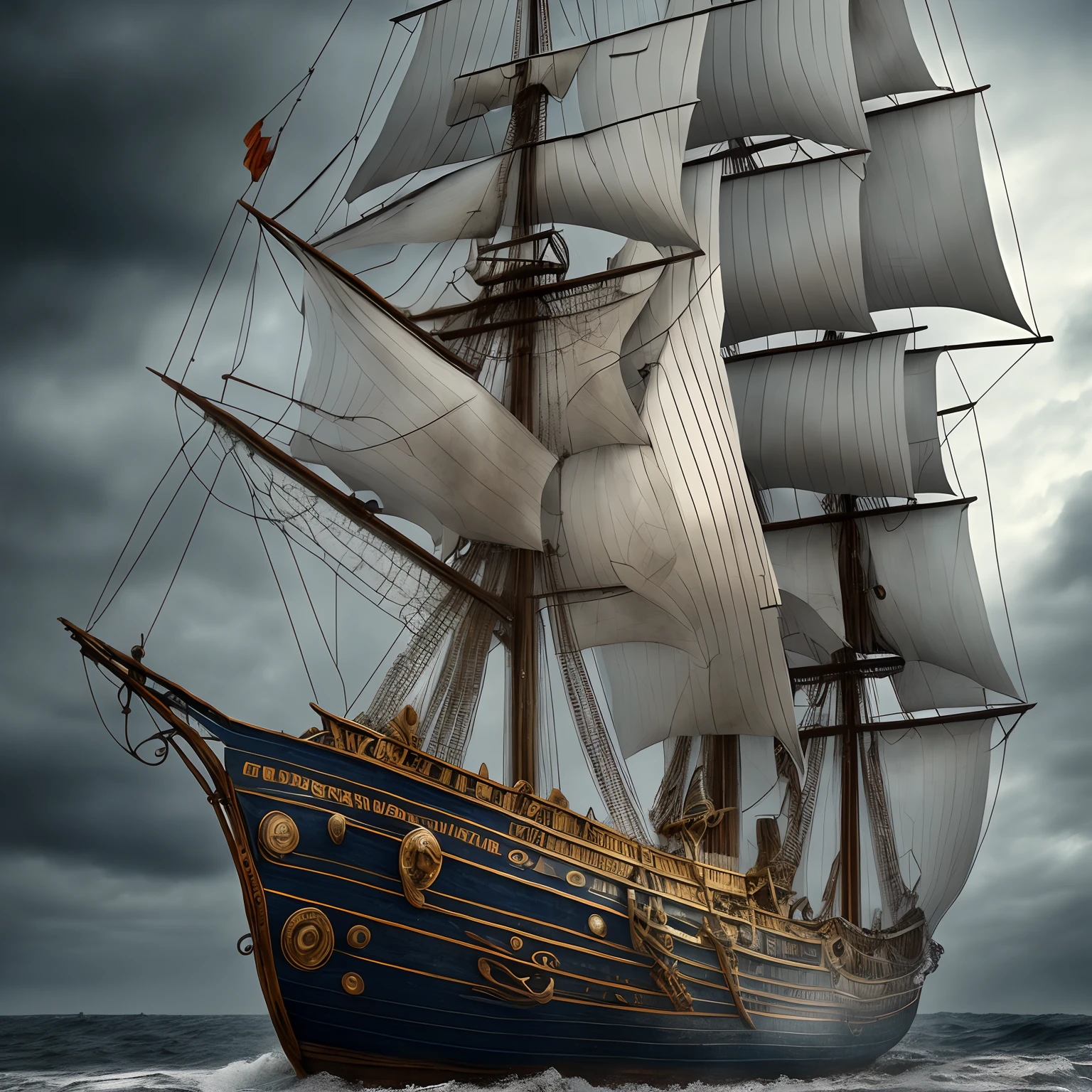 Pirate ship in bad weather , Complicated details,Complicated details,hdr,The is very detailed,Diffuse reflections illuminate ultra-detail, (Complexity, detail, Ultra detail super-detailing), Cinematic, Hyperrealistic,number art, rendering by octane, Beautiful composition, trending on artstationh, an award winning photograph, Masterpiece, Seeking style, (DreamlikeArt:1.2).