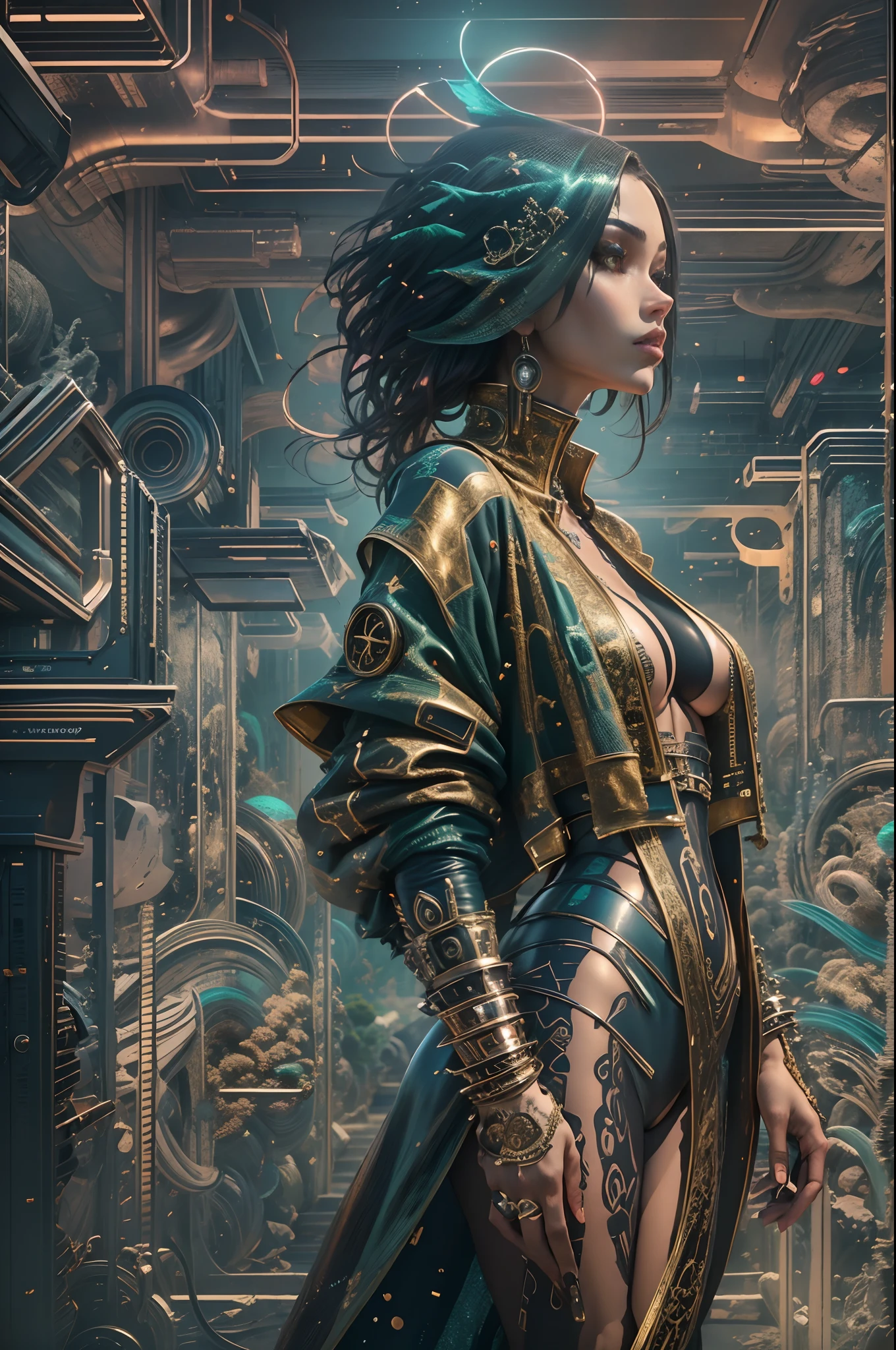 n an avant-garde fashion show, a model struts down the runway wearing a metallic ensemble reminiscent of a futuristic warrior. The outfit shimmers with saturated hues of violet, emerald, and gold. Surrounding the model, sharp focus beams of light highlight the intricate details of the garment, showcasing its intricate tilework patterns. The model's expressionism-tinged pose conveys strength and confidence, while the background features graffiti-inspired artwork, adding a touch of urban energy. The overall composition exudes a dark synth aesthetic, with elements of breakcore and 16-bit art styles subtly incorporated.