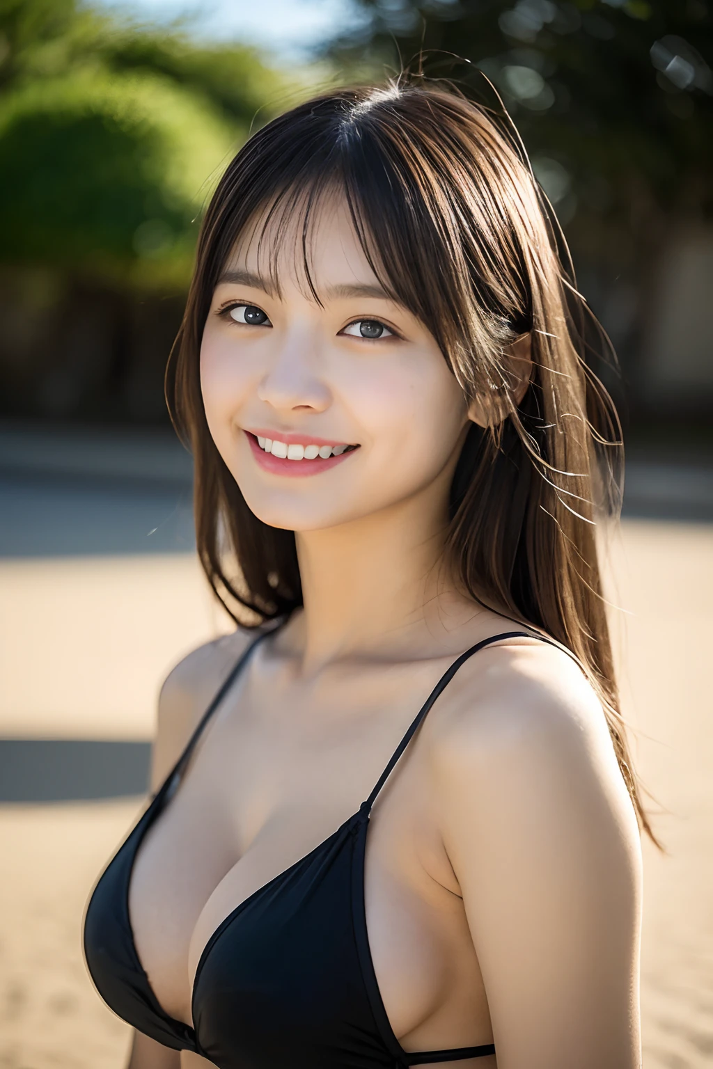 ((Close-up of the upper body only、Reflecting the chest))、(realisitic、Photorealsitic、ultra-detailliert、Highest Details Skins、top-quality、​masterpiece、超A high resolution)、Cute Japan Woman、18year old、hi-school girl、younggirl、2 girls in、I have bangs、二重まぶた、drooing eyes、Large black eyes、Japanese style face、Cute smile、Charming、purity、Straight face、double tooth、View here、Realistic skin type、the beach、Colorful micro bikini、Digital Perm、Wheat-toned skin、cleavage of the breast、Evening glow、early evening、the setting sun、Hair flutters、The wind is blowing