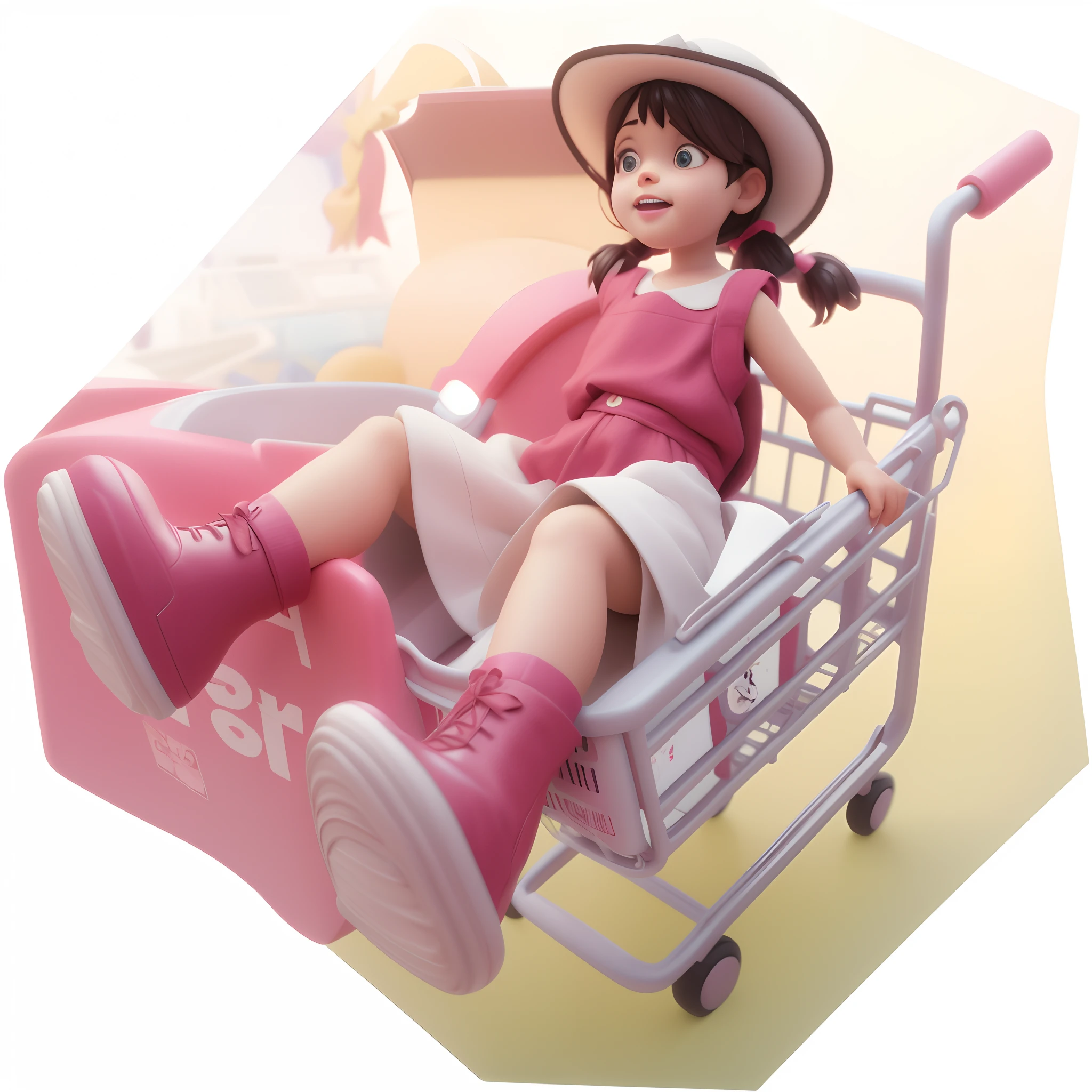 There was a girl sitting in the shopping cart,, animation style render, , 3 d desenho animado, Animated Movies, promotional render, animated movie still, film promotional image, animated movie still, 3 d ,8K,Ultra high quality