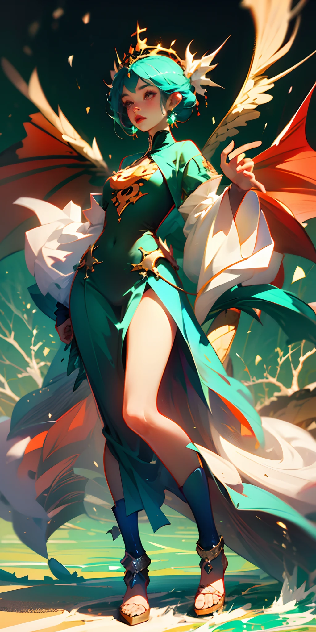 tan lines, black skin, huge breasts, Phoenix background, green hairs, curved hips, red eyes, white leggings, glowing effect, priest, healer, fantasy, gold ornament, full body view,  walking