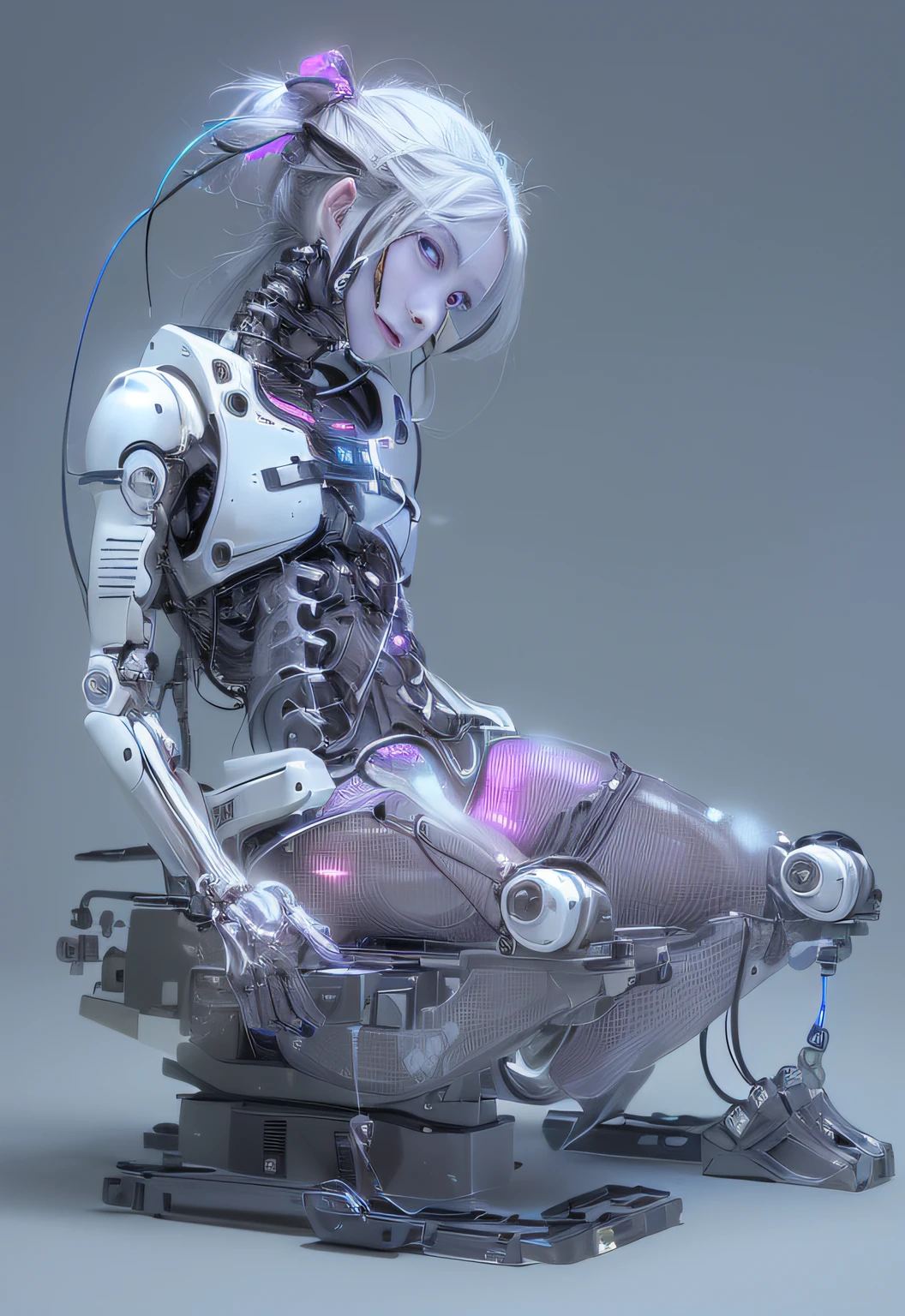 (((Masterpiece)))), (((highest quality)))), ((Ultra Definition)), (Very Detailed Photoreality), (((Very Delicate and Beautiful)), (Delicate and Pretty Face), Cinematic Light, (((1 Machine Girl)), Solo, Full Body, Big, Cleavage Is Visible Skin, White Hair, Purple Eyes, Luminous Eyes, (Mechanical Joint: 1.4), (Mechanical limbs)), (Blood vessels connected to tubes), (( Mechanical vertebrae attached to the back)), ((Cervical vertebrae of the machine) attached to the neck)), (((sitting)), expressionless, (wires and cables attached to the head and body: 1.5), (character focus), small LED lamps on the body, Evangelion, SF, metallic body, detailed neon
