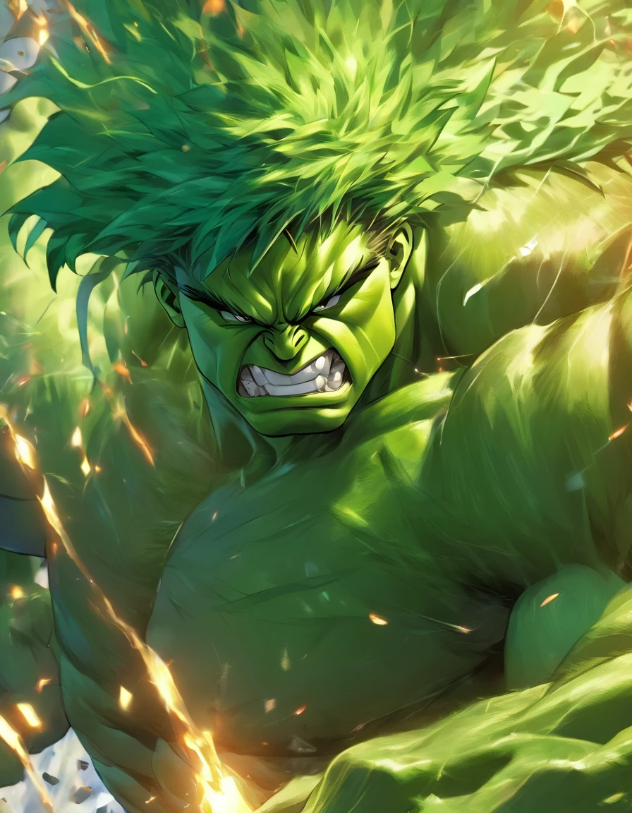 Full body view of the Hulk and Super Saiyan combo，tmasterpiece，high detal，best qualtiy，A high resolution，16k，in a panoramic view，hyper HD：： --v 5