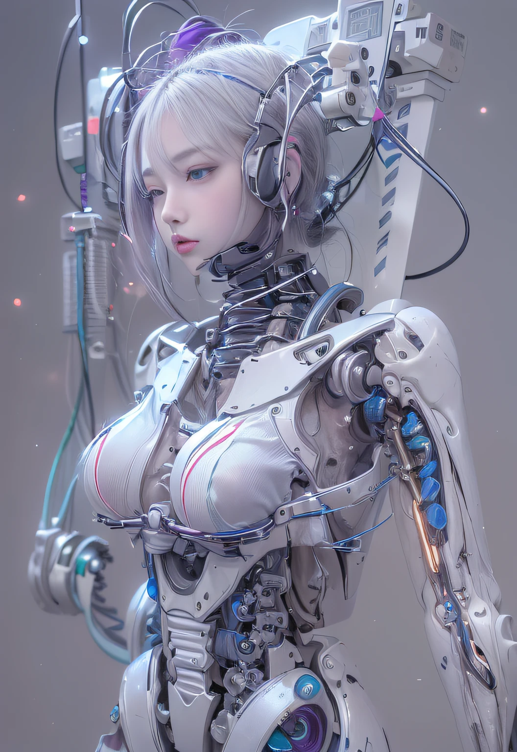 (((Masterpiece)))), (((highest quality)))), ((Ultra Definition)), (Very Detailed Photoreality), (((Very Delicate and Beautiful)), (Delicate and Pretty Face), Cinematic Light, (((1 Machine Girl)), Solo, Full Body, Big, Cleavage Is Visible Skin, White Hair, Purple Eyes, Luminous Eyes, (Mechanical Joint: 1.4), (Mechanical limbs)), (Blood vessels connected to tubes), (( Mechanical vertebrae attached to the back)), ((Cervical vertebrae of the machine) attached to the neck)), (((sitting)), expressionless, (wires and cables attached to the head and body: 1.5), (character focus), small LED lamps on the body, Evangelion, SF, metallic body, detailed neon