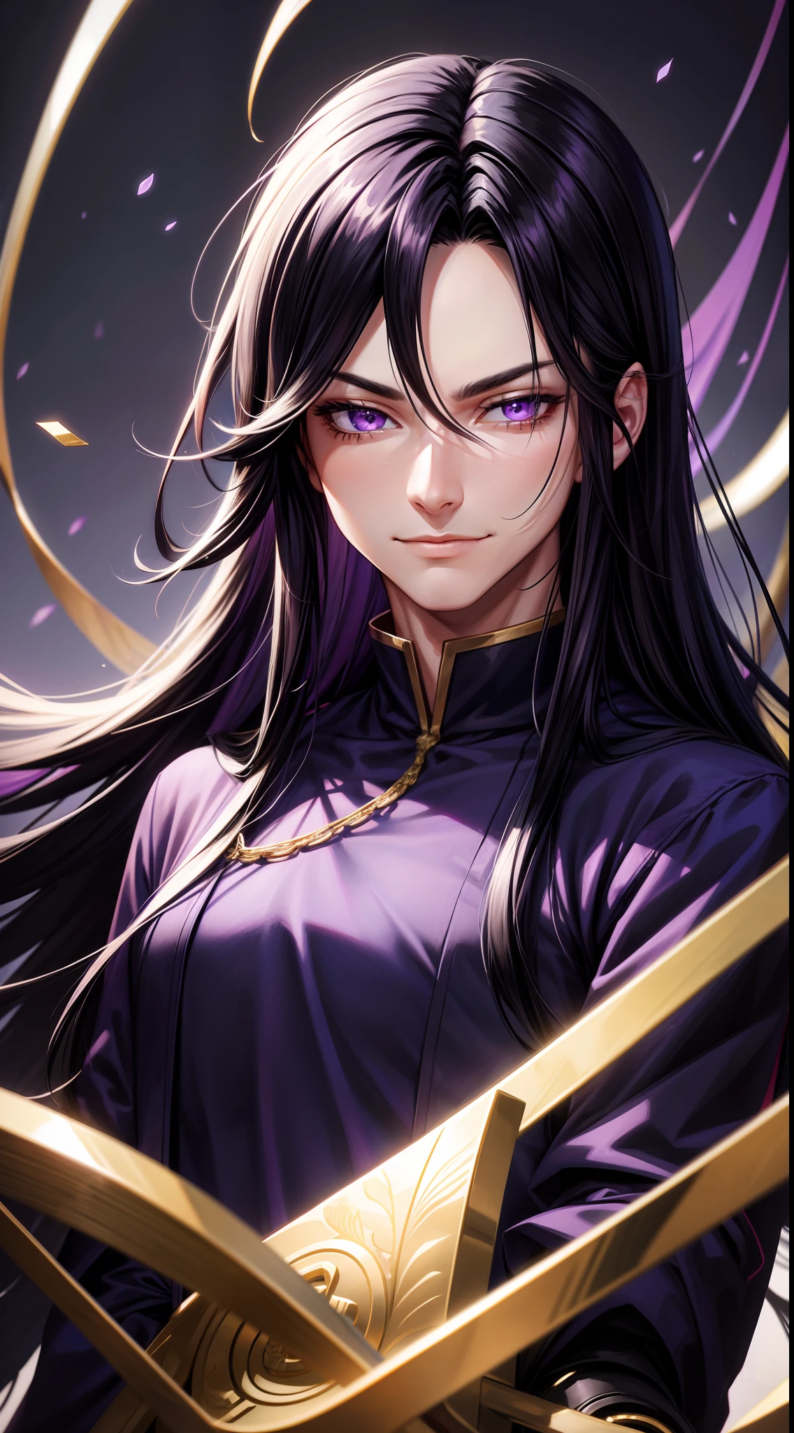 Grown-up guy, Long black hair, violet eyes, smirk, Fiadem, Purple Royal Ninja, Gold Elements, Masterpiece, hiquality, 4k, HD, Good detail