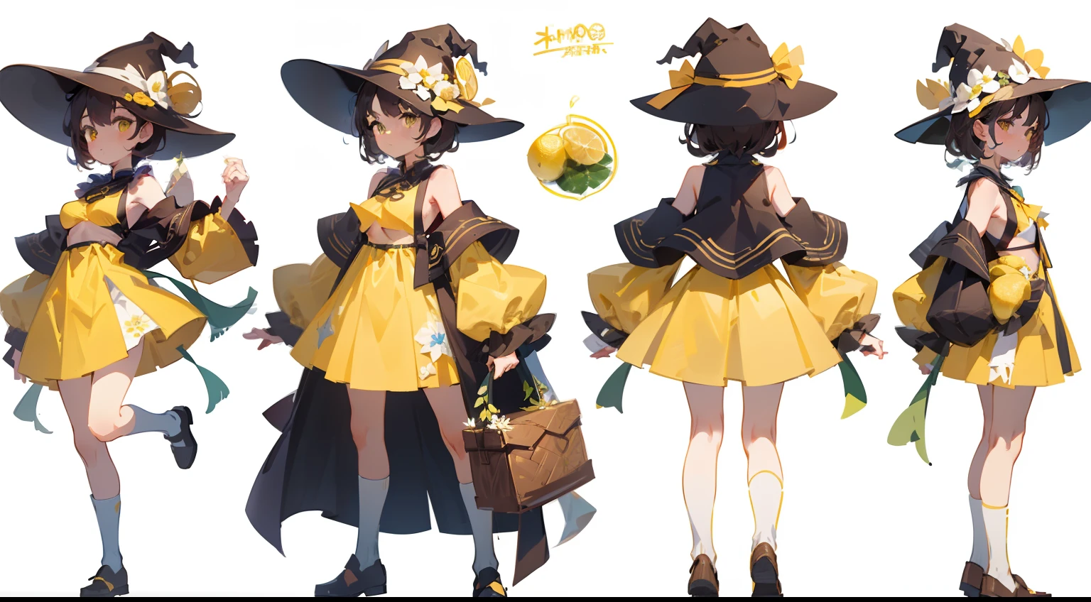 (Masterpiece), (Best Quality), sharp focus, (Character design sheet, same character, full - body, side, backboob), illustartion, (Detailed hair, Detailed Face, Detailed body structure), ((1 woman, 独奏)), Perfect feminine face, Pose Zitai, The detailed nature of the design, The Lemon Witch:: short brown hair:: Lots of Lemon Flowers Detail:: Yellow lemon eyes:: The Yellow Hat of the Witch:: Lots of lemon on the hat:: a lot of white flowers on the hat:: Yellow-green dress :: The embodiment of lemon and white flowers:: (Simple background, whitebackground: 1.3)