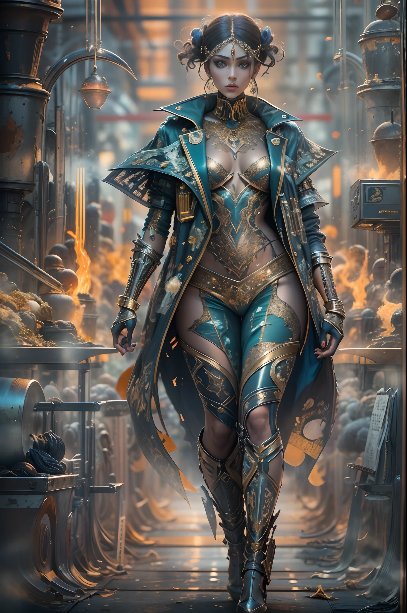 n an avant-garde fashion show, a model struts down the runway wearing a metallic ensemble reminiscent of a futuristic warrior. The outfit shimmers with saturated hues of violet, emerald, and gold. Surrounding the model, sharp focus beams of light highlight the intricate details of the garment, showcasing its intricate tilework patterns. The model's expressionism-tinged pose conveys strength and confidence, while the background features graffiti-inspired artwork, adding a touch of urban energy. The overall composition exudes a dark synth aesthetic, with elements of breakcore and 16-bit art styles subtly incorporated.