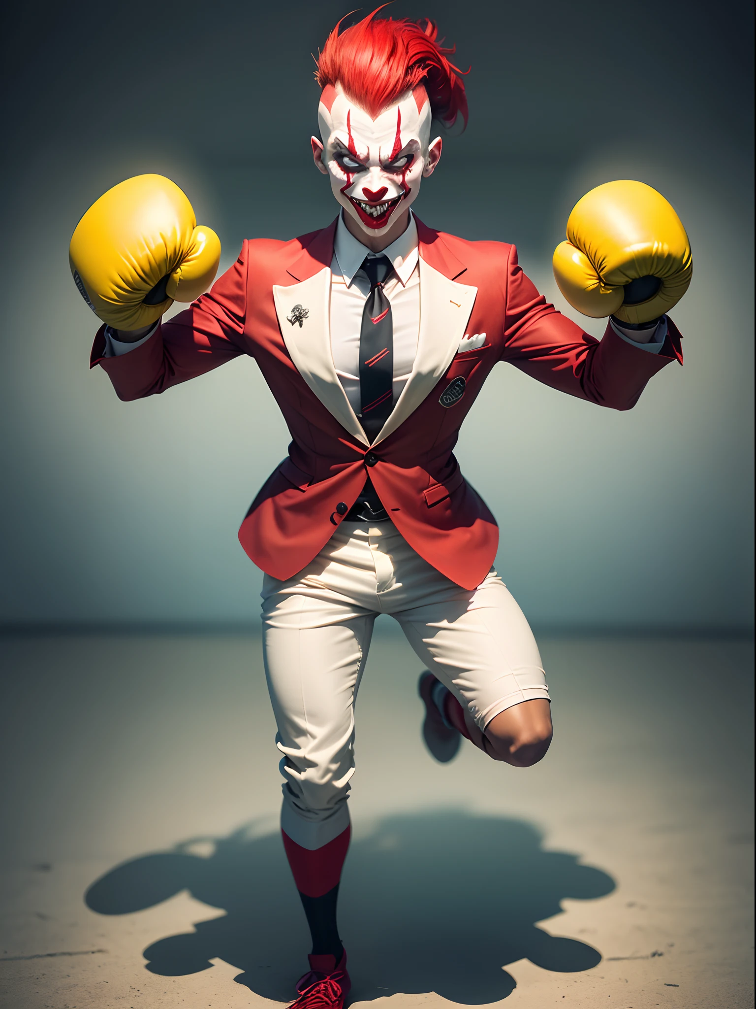 1man, alien, cartoon, clown costume, red nose, cartoon eyes, evil clown, green eyes, yellow teeth, boxing gloves, circus backdrop, masterpiece, best quality, male focus, short body, jumping, evil grin, villain, wacky atmosphere, green Mohawk, white clown makeup, red boxer shorts, solo, full body, cowboy shot, red bow necktie, short body, dynamic fighting stance pose, standing
