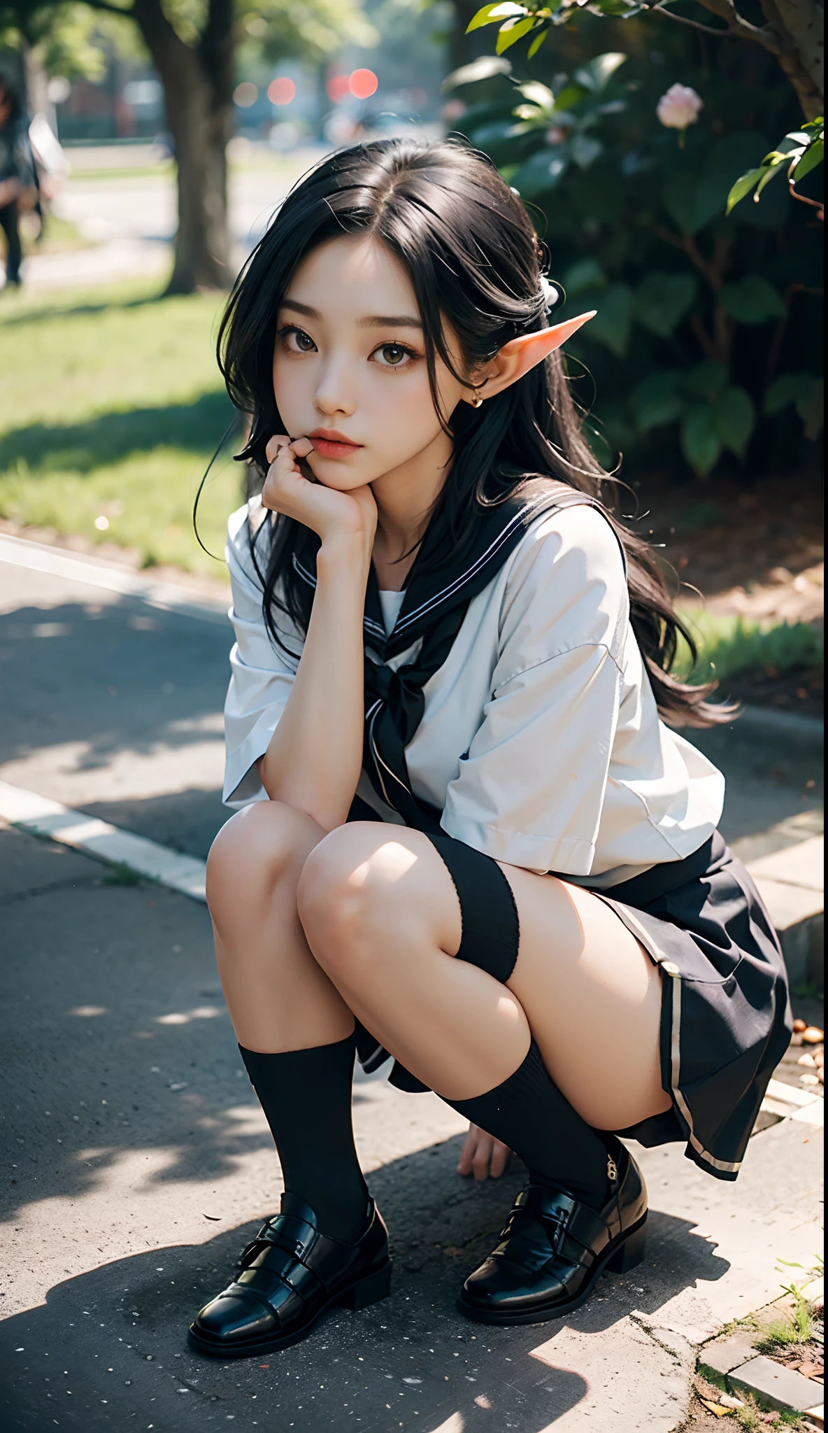 (Japanese-style school,the cherry trees:1 Elf beauty,Kneeling pose,a sailor suit), tmasterpiece, best qualtiy, RAW photogr,Meticulous facial portrayal,realisticlying, Incredibly Ridiculous res,(Elf long ears), ear studs,hair pin, (Long flowing silver-black hair:1.9),eye shadows,(a sailor suit),eardrop,foot ring,short skirt,(Black sport socks)(Black half-knee socks),(Black sport socks),(Low-heeled leather shoes),two longer legs,depth of fields, A high resolution, ultra - detailed, filigree, RAWE is very detailed, very detailed eyes and faces, Sharp pupils, realistic pupil, tack sharp focus, cinmatic lighting,full bodyesbian,Bigboobs,long leges,From the front side,dynamicposes,Normal posture,closeup of face