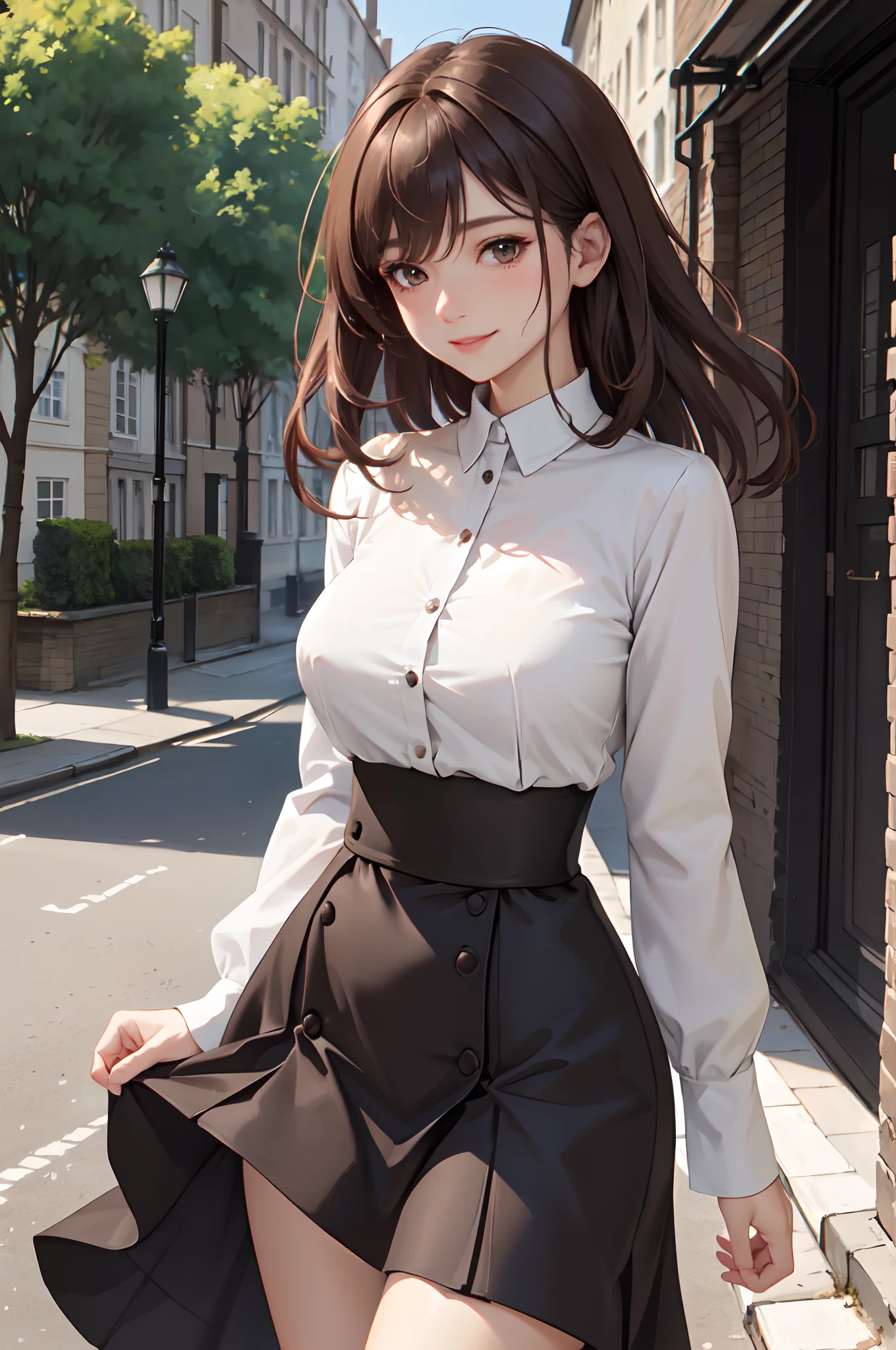 1lady standing, mature female, /(tunic shirt high-waist skirt/), /(brown hair/) bangs, blush kind smile, (masterpiece best quality:1.2) delicate illustration ultra-detailed, large breast, arms down BREAK /(streets of London/), detailed background