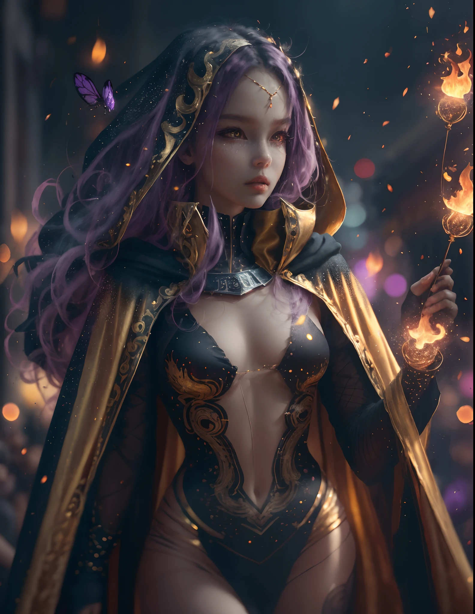 Dark Cyberpunk City、Villain Phantom、Insect humans、、Wearing a gold and white cloak、Wearing a black and purple tribal print bodysuit、28-year-old woman, Very long hair, Golden hair standing on end、,Purple face with a sense of fear、Coat of arms on the forehead、Eyes glow、masutepiece, Hyper realistic, 8K, Bokeh, Fire Luminescent, The body glows blue --auto --s2