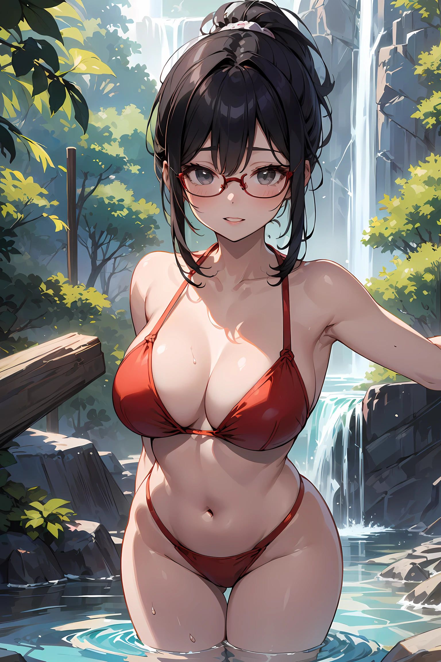 (Go inside the waterfall:1.3), (reaching out against the viewer:1.5),  high resolution, Photo of a beautiful woman detailed_face, young handsome girl,realistic:0.5, perfect skin, (wearing a glasses:1.5), from behind:1.5, (ultra-detailed background, detailed background), bokeh, make happy expressions, happy emotion, gorgeous,pure, beautyfull detailed face and eyes,breasts, (black eyes:1.1), (a extremely pretty and beautiful Japanese woman), (sexy girl), (professional attire:1.3), (22 years old: 1.1), BREAK, (lovely outfit:1.2), (detailed red swimwear:1.5), cleavage, beautiful detailed skin, (cute:1.2), (black hair), ((jpop idol)), (upper thigh:0.6), (depth of field),soft light, Lens Glow looking at viewer, (Drooping eyes:1.2), straight teeth,smile, floating hair, (black hair:1.2), brown eyes BREAK movie scene, cinematic, full colors, 4k, 8k, 16k, RAW photo, masterpiece, professionally color graded, professional photography, high school girl, hair up, , soft clean focus, realistic lighting and shading, (an extremely delicate and beautiful art)1.3, elegant,active angle,dynamism pose BREAK (ponytail:1.3), (shiny-black thin hair:1.2), bangs, dark brown eyes, beautiful eyes, princess eyes, (big eyes:1.3), bangs, wearing a glasses:1.3, Hair between eyes, short hair:1.3, (slender:1.1), (medium-breasts:0.95), (thin waist: 1.15), (detailed beautiful girl: 1.4), Parted lips, Red lips, full-make-up face, (shiny skin), ((Perfect Female Body)), (upper body image:1.3), Perfect Anatomy, Perfect Proportions, (most beautiful Korean actress face:1.3, extremely cute and beautiful Japanese actress face:1.3), ,(1glasses girl:1.3, solo), ,(blush:1.1), gray background, solo focus, (bust shot:1.2), cinematic light, (nostalgic night scene:1.4), (waterfall:1.4), (moon light:1.3), (arms down:1.4), (looking at viewer:1.2), (in water:1.3), (under waterfall:1.3),