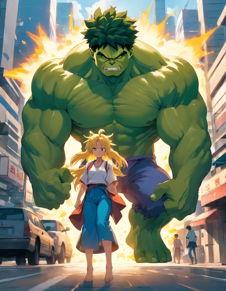 Full body view of the Hulk and Super Saiyan combo，tmasterpiece，high detal，best qualtiy，A high resolution，16k，in a panoramic view，hyper HD：： --v 5