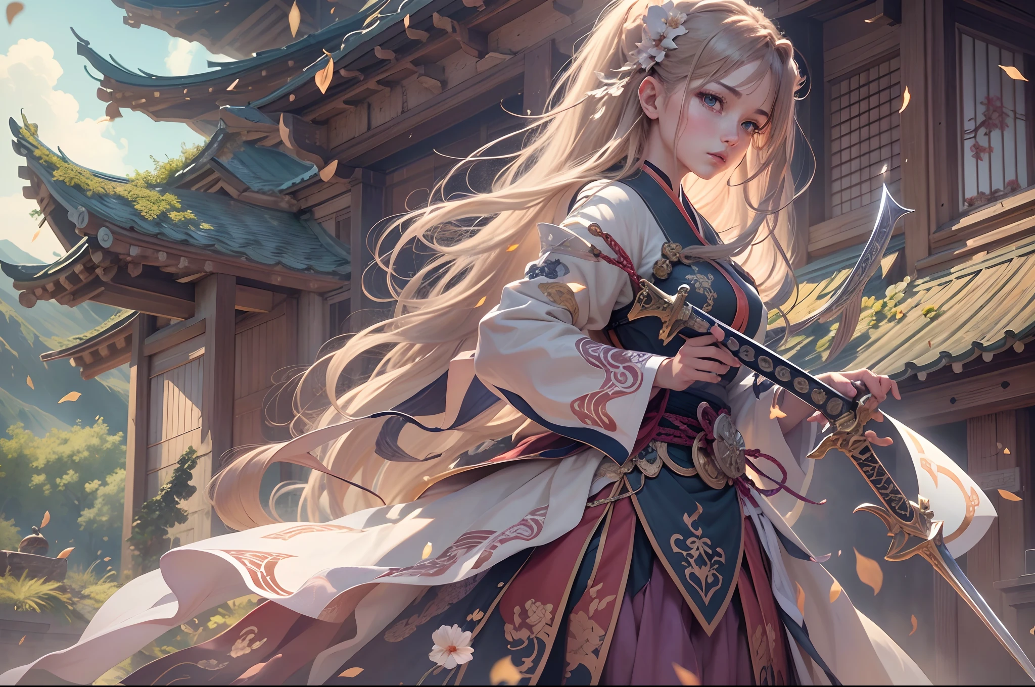 (best quality,4k,8k,highres,masterpiece:1.2),ultra-detailed,(realistic,photorealistic,photo-realistic:1.37),Japanese anime style,woman,middle ages,Europe,fantasy,skirt,sword,are standing,whole body,from below,illustration,detailed eyes and face,long hair flowing in the wind,dynamic pose,vibrant colors,fantasy lighting,background with castle and mountains,captivating and magical scenery,anime-inspired character design,traditional Japanese elements,enchanted atmosphere,strong female protagonist,storytelling with a single image,expressive eyes,ornate sword with intricate details,dramatic perspective,varied line weights and linework,textured brush strokes,attention to costume details,emotionally captivating,ethereal and otherworldly feel,combined elements of historical and fantasy genres,attention-grabbing visual composition