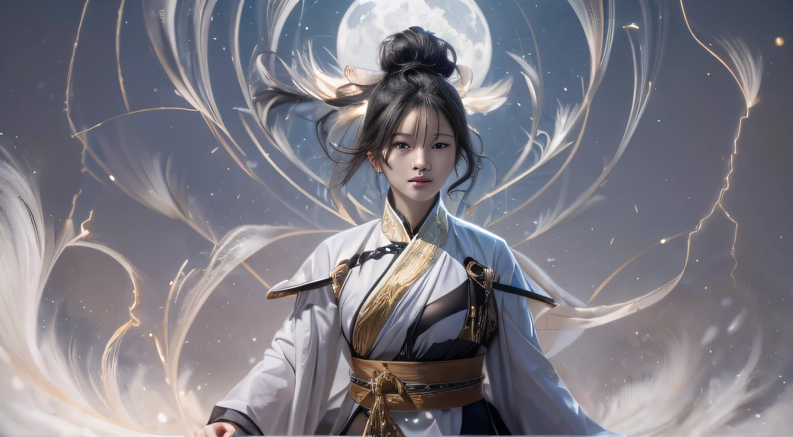 full bodyesbian,Kunlun Mountain,The black-haired fairy Taoist priest descended the mountain,Tai Chi stunts,Female Taoist,full bodyesbian,Combat posture,Low viewing angle,Dim background,It was surrounded by a large amount of thick white fog,((an extremely delicate and beautiful one),((Brunette hair all over the body)),((Water balloons in hand)),Lightning surrounds the dark-haired woman,((water sphere)),Taoist temple,Taiqing Palace,Hanging water balloon,There is lightning inside the water balloon,unreal-engine,巨作, the highest picture quality,Highest resolution,8K,Extremely detailed images,Moon light,Shadow optimization,Realistic style,Black Haired Woman,Face away from the camera