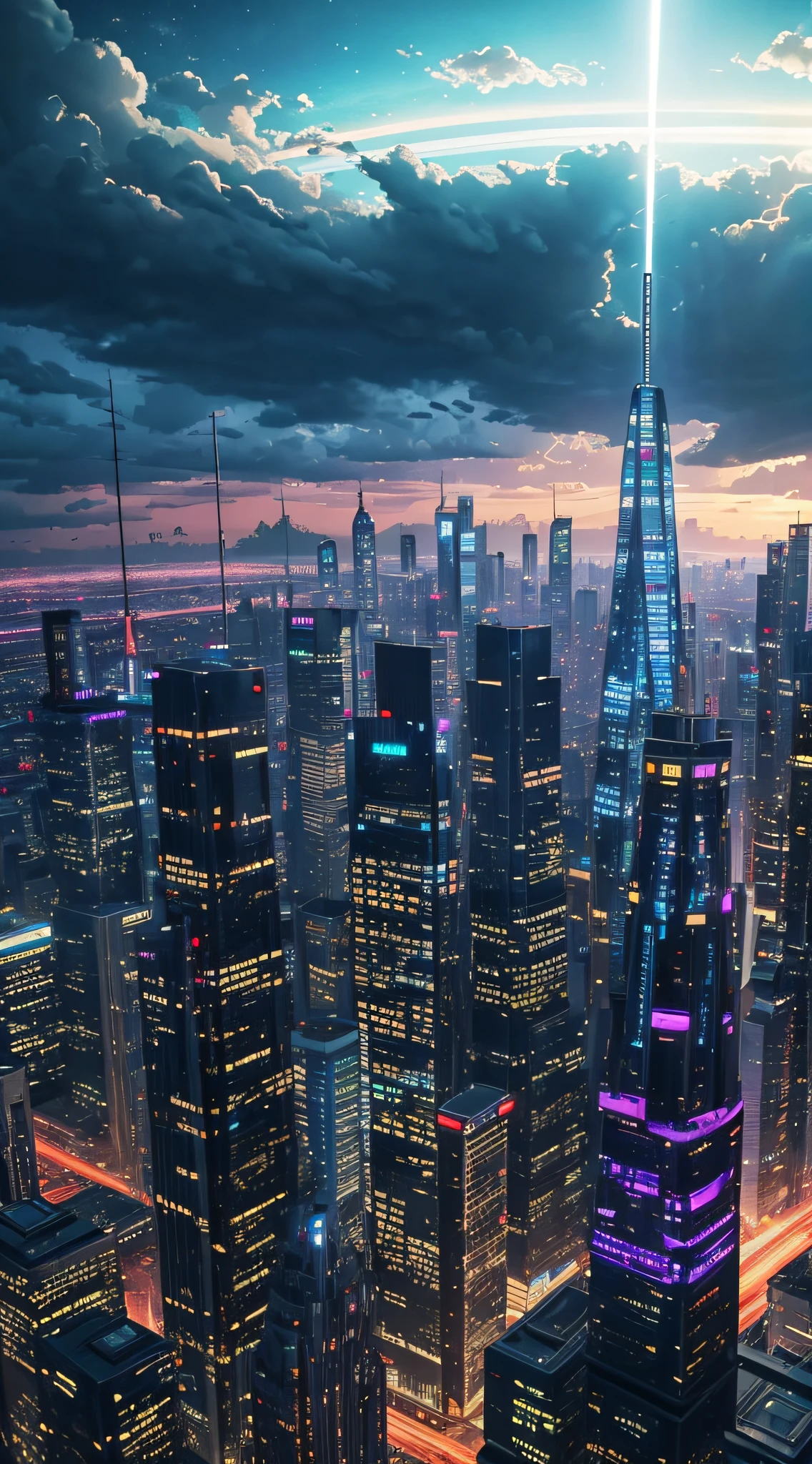 A view of a city at night with a bright light shining down - SeaArt AI