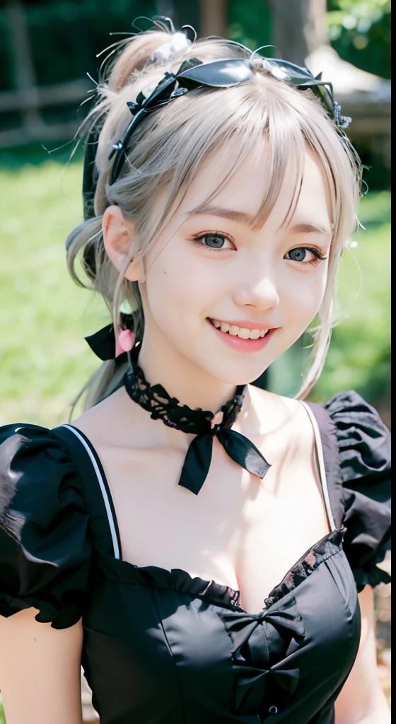 (ultra-detailliert), Cute princess dress in black,(frilly dress),(shortsleeves),Blue eyes,The upper part of the body、cowboy  shot、faces、(A smile:1.5),(facing front:1.2), 20yr old, teens girl,no tail,(no tail),2D, ​masterpiece, top-quality, Band Group Vocals, a closeup,  Stand Microphone, Mouth open, A detailed eye, A detailed face, girl with, Only 1 person,Silver Hair Medium Hair, (Silvery hair),  Ear Hair, small tits, Single braid, (Single braid), (Side braid), Pink ribbon, Ribbon around the neck, (White sleeves), Background bokeh、Chinatown