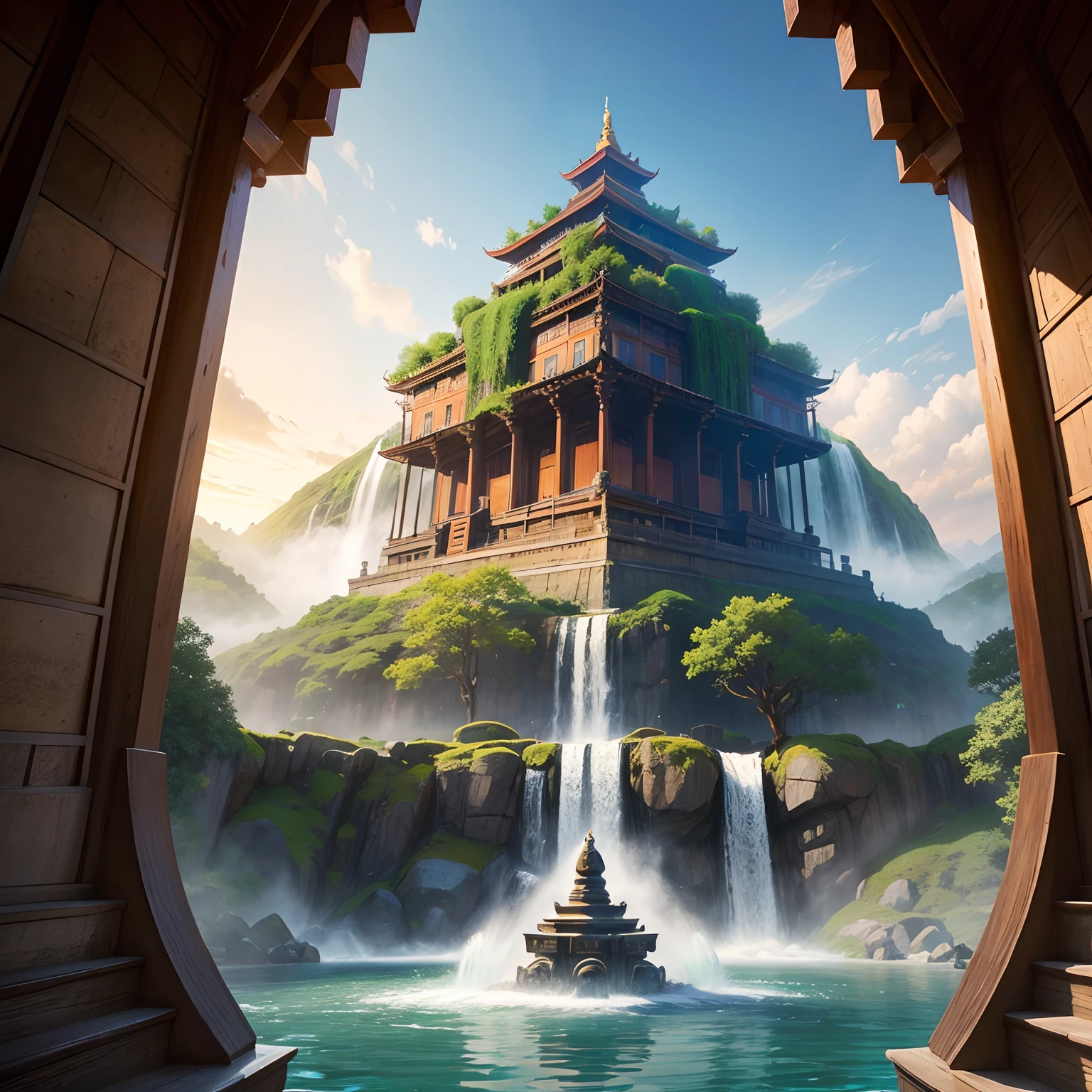 A huge Buddhist temple、Huge Buddha statue,Pyramids、huge waterfall,stairway,masterpiece,History of the Earth,in isekai,Masterpiece,超A high resolution,mystical,