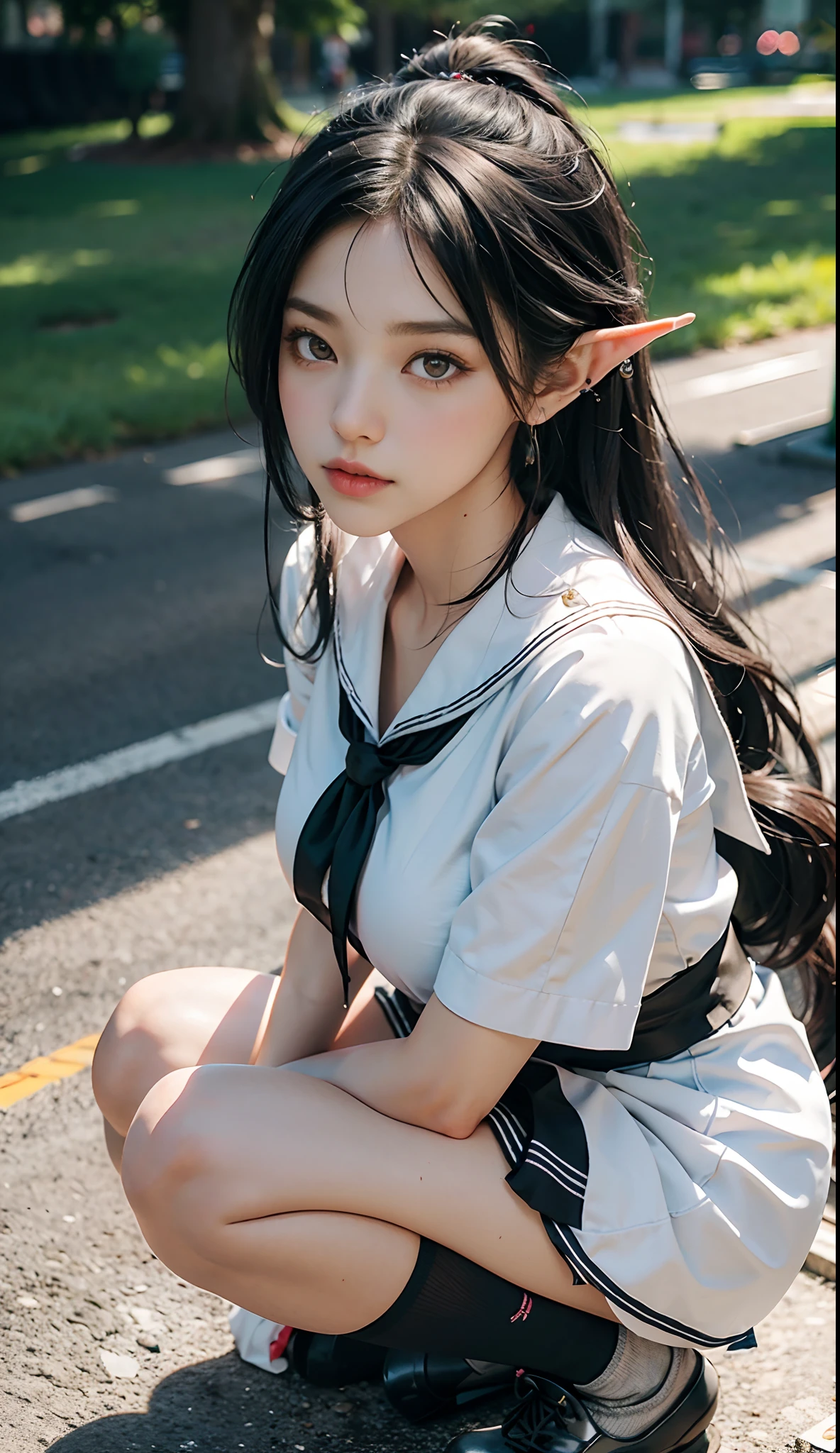 (Japanese-style school,the cherry trees:1 Elf beauty,Kneeling pose,a sailor suit), tmasterpiece, best qualtiy, RAW photogr,Meticulous facial portrayal,realisticlying, Incredibly Ridiculous res,(Elf long ears), ear studs,hair pin, (Long flowing silver-black hair:1.9),eye shadows,(a sailor suit),eardrop,foot ring,short skirt,(Black sport socks)(Black half-knee socks),(Black sport socks),(Low-heeled leather shoes),two longer legs,depth of fields, A high resolution, ultra - detailed, filigree, RAWE is very detailed, very detailed eyes and faces, Sharp pupils, realistic pupil, tack sharp focus, cinmatic lighting,full bodyesbian,Bigboobs,long leges,From the front side,dynamicposes,Normal posture,closeup of face
