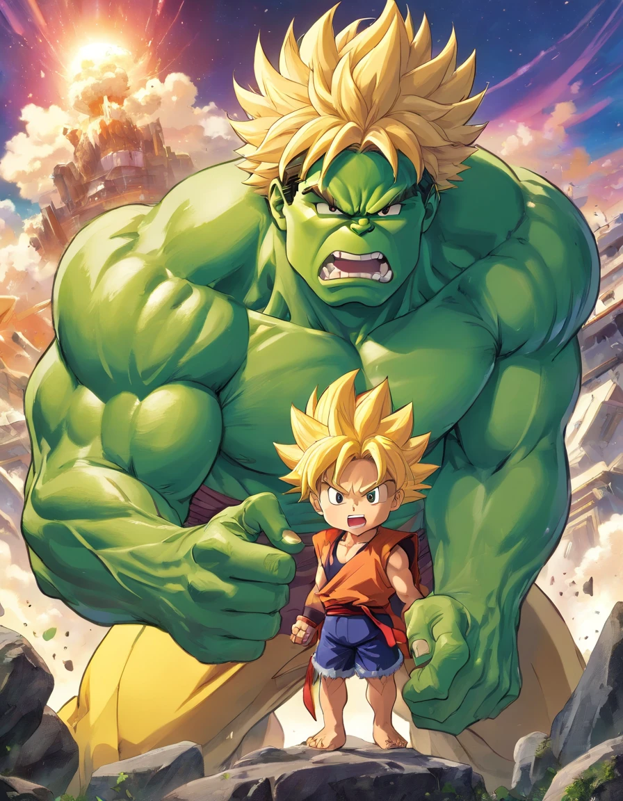Full body view of the Hulk and Super Saiyan combo,tmasterpiece,high detal,best qualtiy,A high resolution,16k,in a panoramic view,hyper HD:: --v 5