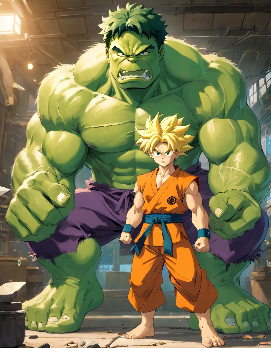 Full body view of the Hulk and Super Saiyan combo，tmasterpiece，high detal，best qualtiy，A high resolution，16k，in a panoramic view，hyper HD：： --v 5