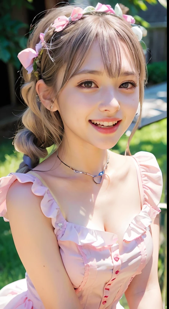 (ultra-detailliert), Cute princess dress in pink color,(frilly dress),(shortsleeves),Blue eyes,The upper part of the body、a closeup、faces、(A smile:1.5),(facing front:1.2), 20yr old, teens girl,no tail,(no tail),2D, masterpiece, top-quality, Band Group Vocals, a closeup, Stand Microphone, Mouth open, A detailed eye, A detailed face, girl with, Only 1 person,Silver Hair Medium Hair, (Silvery hair), Ear Hair, small tits, Single braid, (Single braid), (Side braid), Pink ribbon, Ribbon around the neck, (White sleeves), Background bokeh