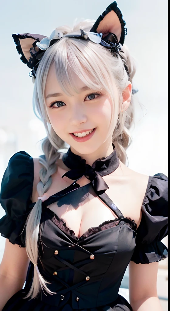 (ultra-detailliert), Cute princess dresses in black,(frilly dress),(shortsleeves),Blue eyes,The upper part of the body、cowboy  shot、faces、(A smile:1.5),(facing front:1.2), 20yr old, teens girl,no tail,(no tail),2D, ​masterpiece, top-quality, Band Group Vocals, a closeup,  Stand Microphone, Mouth open, A detailed eye, A detailed face, girl with, Only 1 person,Silver Hair Medium Hair, (Silvery hair),  Ear Hair, small tits, Single braid, (Single braid), (Side braid), Pink ribbon, Ribbon around the neck, (White sleeves), Background bokeh、Chinatown