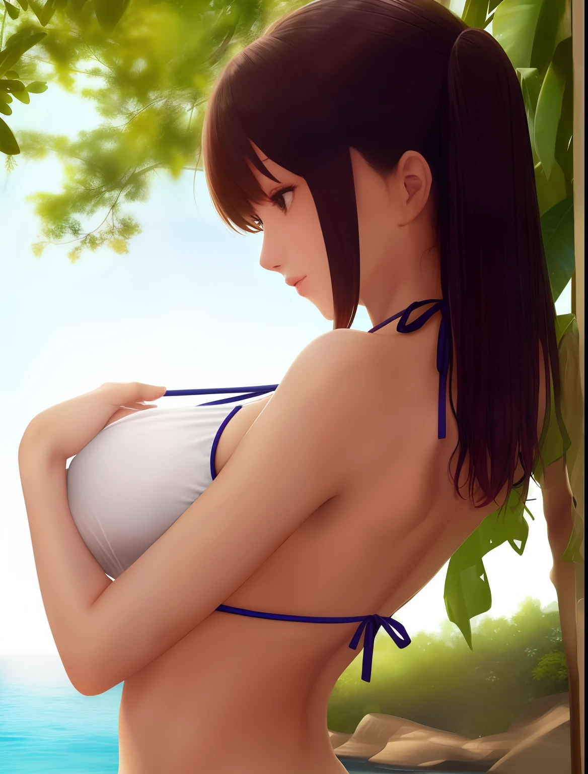 A Woman in a Bikini,Nipple protrusion,A slender,Single milk,Beautiful breasts,Small breasts,Male fingers on nipples,Back Style,Hugging a man