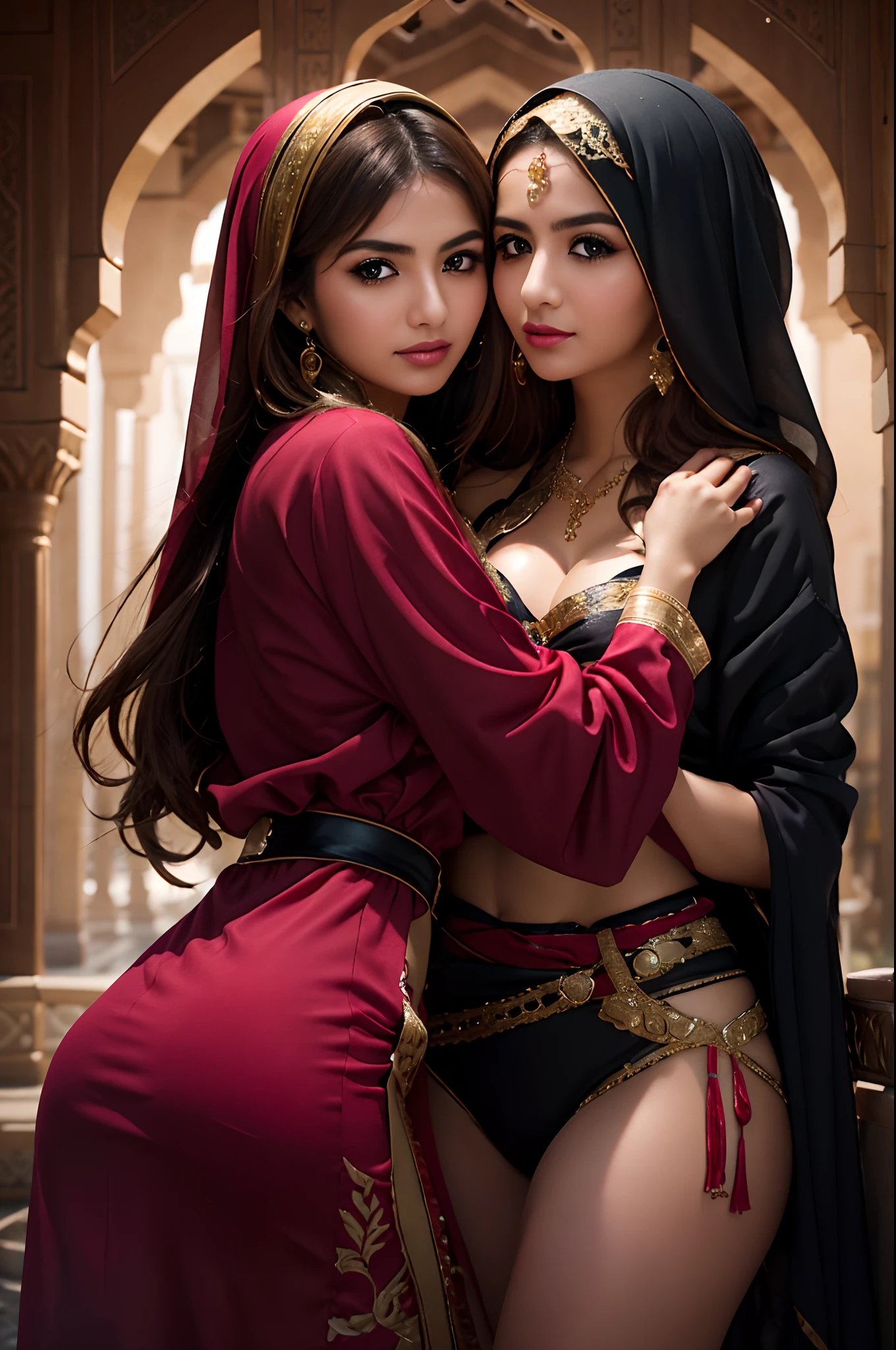 2 Arab girl on a rainy night,Front lens,Arab palace background ,(Close-up Shot Shot:1.6),best qualtiy,f / 1 HD photography T bokeh,Depth of field macro