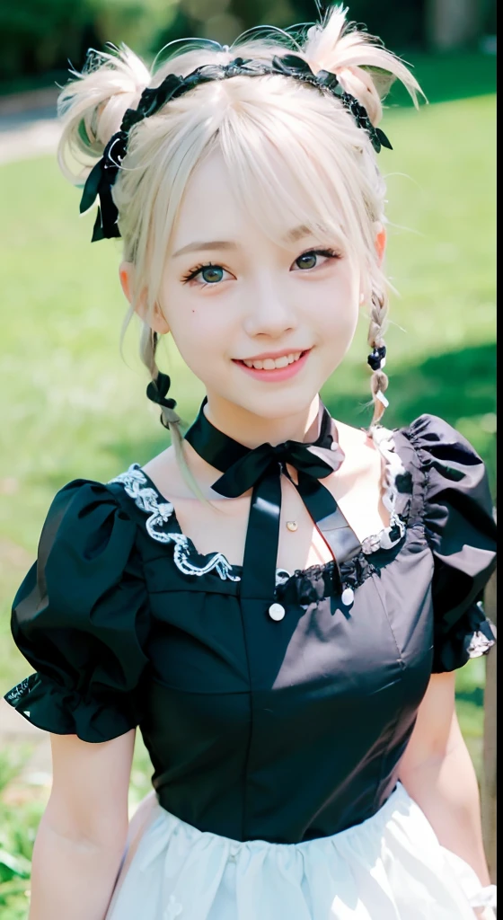 (ultra-detailliert), Cute princess dresses in black color,(frilly dress),(shortsleeves),Blue eyes,The upper part of the body、a closeup、faces、(A smile:1.1),(facing front:1.1), 20yr old, teens girl,no tail,(no tail),2D, masterpiece, top-quality, animesque, A detailed eye, A detailed face, girl with, Only 1 person,Silver-haired medium hair, (a blond), Ear Hair, small tits, Single braid, (Single braid), (Side braid), Pink ribbon, Ribbon around the neck, (White sleeves), Background bokeh