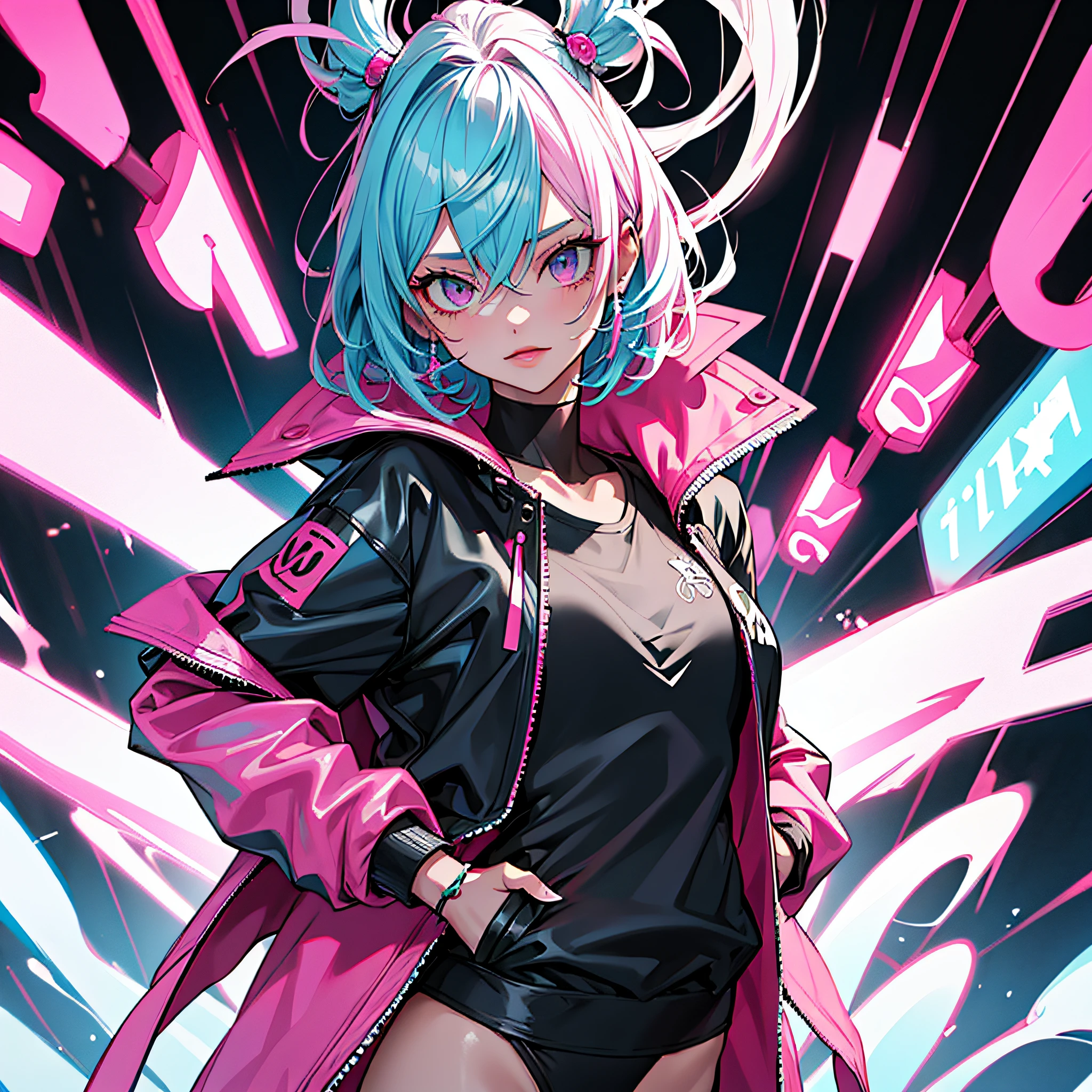Anime girl with blue hair and pink jacket standing in front of neon ...