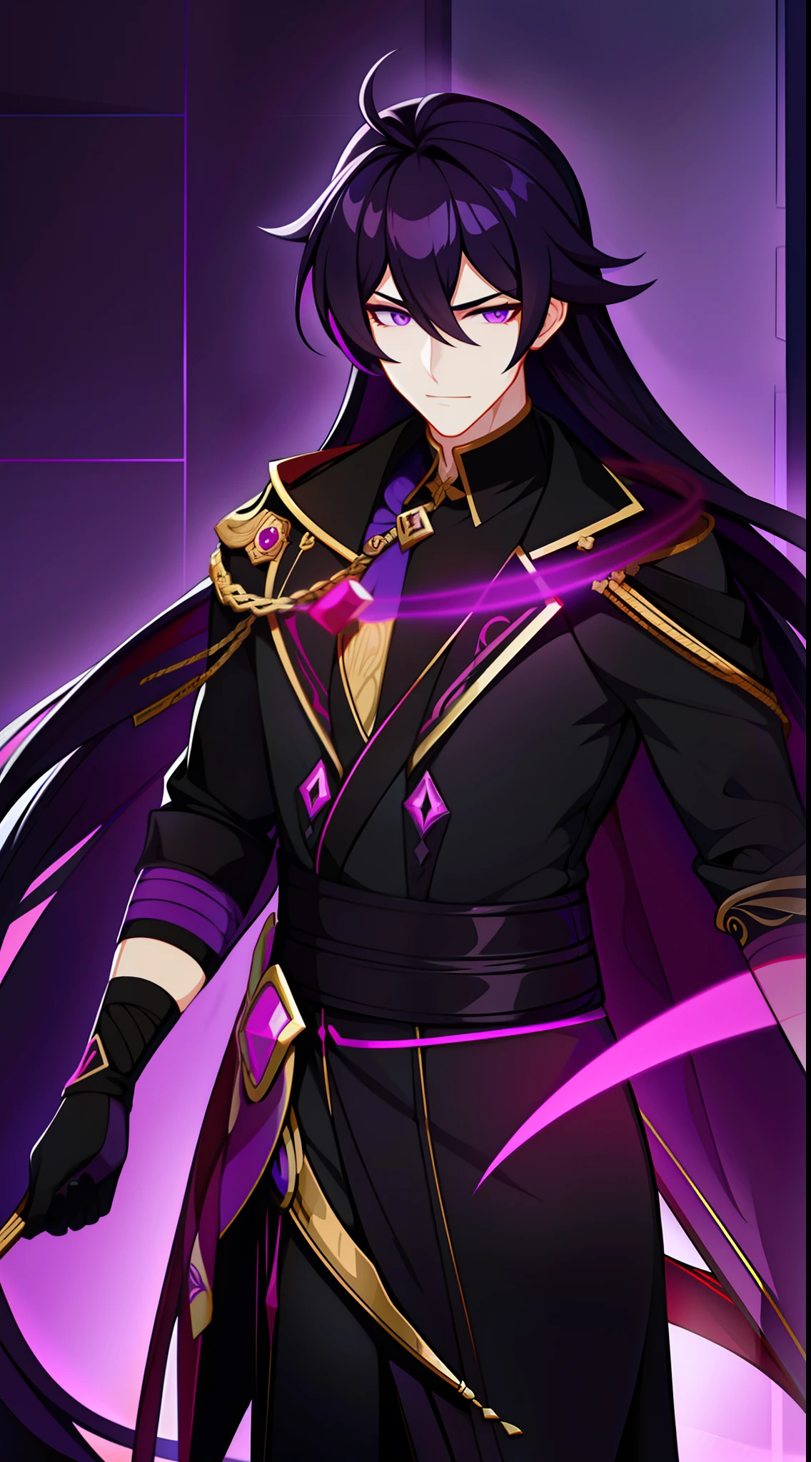 Grown-up guy, Long black hair, violet eyes, smirk, Fiadem, Purple Royal Ninja, Gold Elements, Masterpiece, hiquality, 4k, HD, Good detail