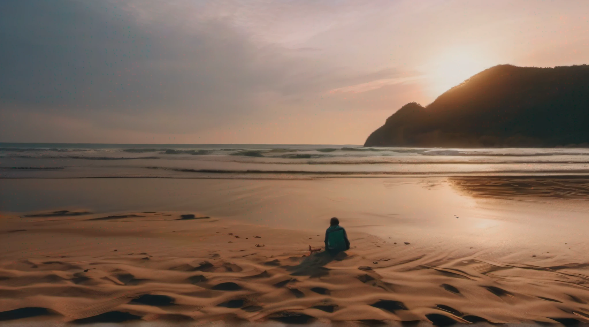 Someone is waiting for someone on the beach. Sunset is taking place in the surface.