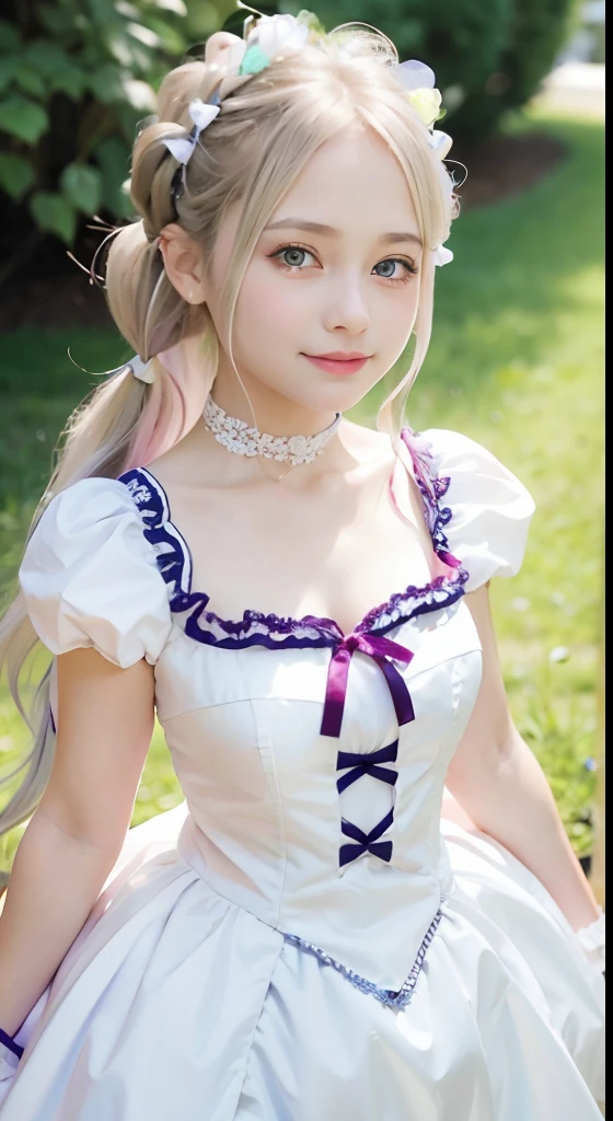 (ultra-detailliert), Cute princess dress in white,(frilly dress),(shortsleeves),Blue eyes,The upper part of the body、a closeup、faces、(A smile:1.5),(facing front:1.2), 20yr old, teens girl,no tail,(no tail),2D, masterpiece, top-quality, Band Group Vocals, a closeup, Stand Microphone, Mouth open, A detailed eye, A detailed face, girl with, Only 1 person,Silver Hair Medium Hair, (Silvery hair), Ear Hair, small tits, Single braid, (Single braid), (Side braid), Pink ribbon, Ribbon around the neck, (White sleeves), Background bokeh
