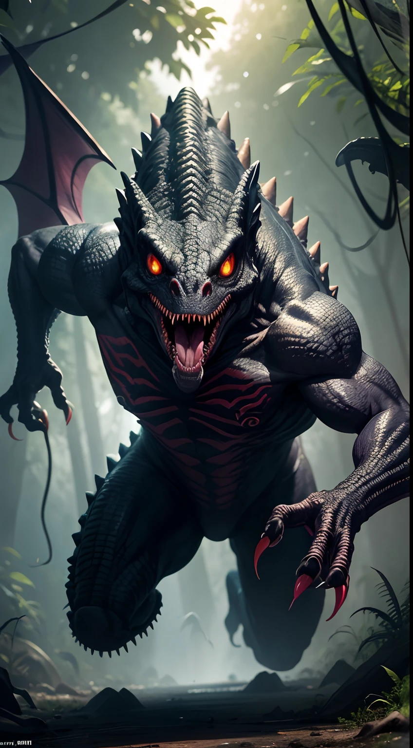 Scary dinosaur, attacking and eating humans, webbed body, scary, full of jungle, amazing animal, rich colours, super details, eyes details, tongue details, dark shadows, blooding,