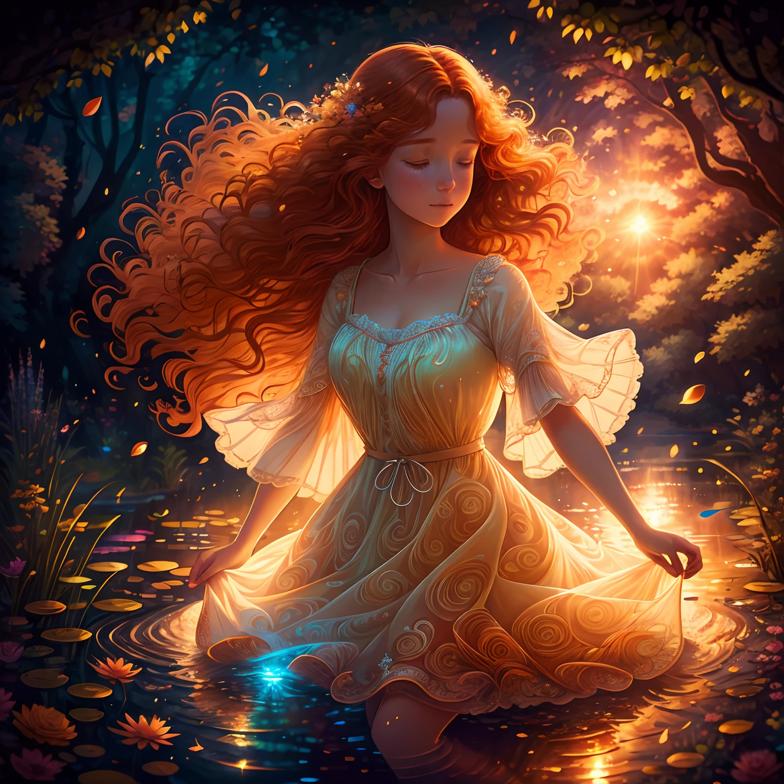 ultra detailed illustration of a beautiful woman wearing a flowy dress in a pond, looking down, beautiful wavy ginger hair illuminated by backlights, sunbeams, whimsical, backlit, sunset, colorful, triadic colors, mystic, ultra sharp focus, by Mschiffer, best quality, best resolution