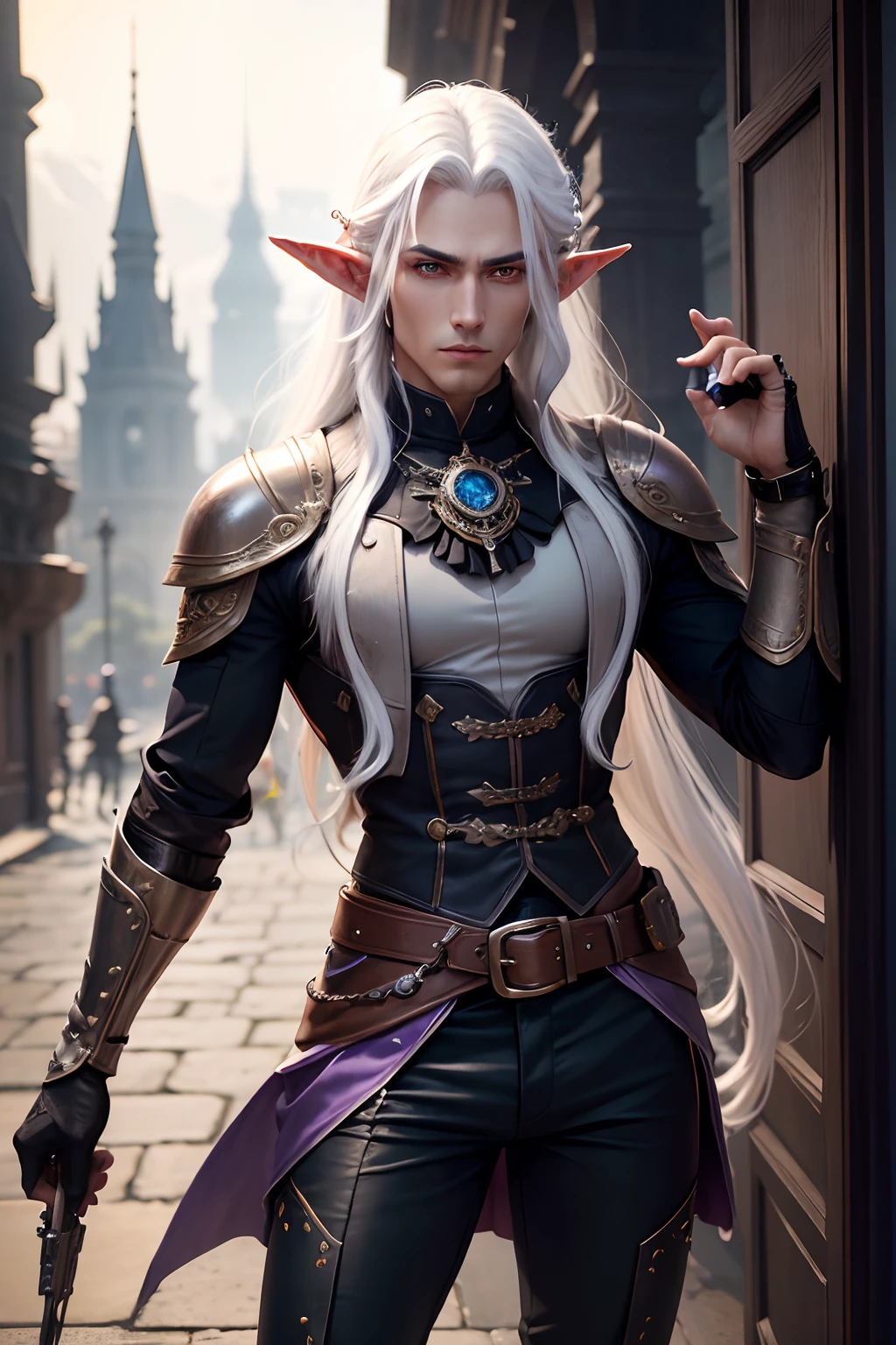 1male elf, dark grey skin, long white hair, purple eyes, wearing fancy leather armor, wearing black pants, holding steampunk revolver, Fantasy city, absurdres, high res, ultrasharp, 8K, masterpiece, looking at viewer
