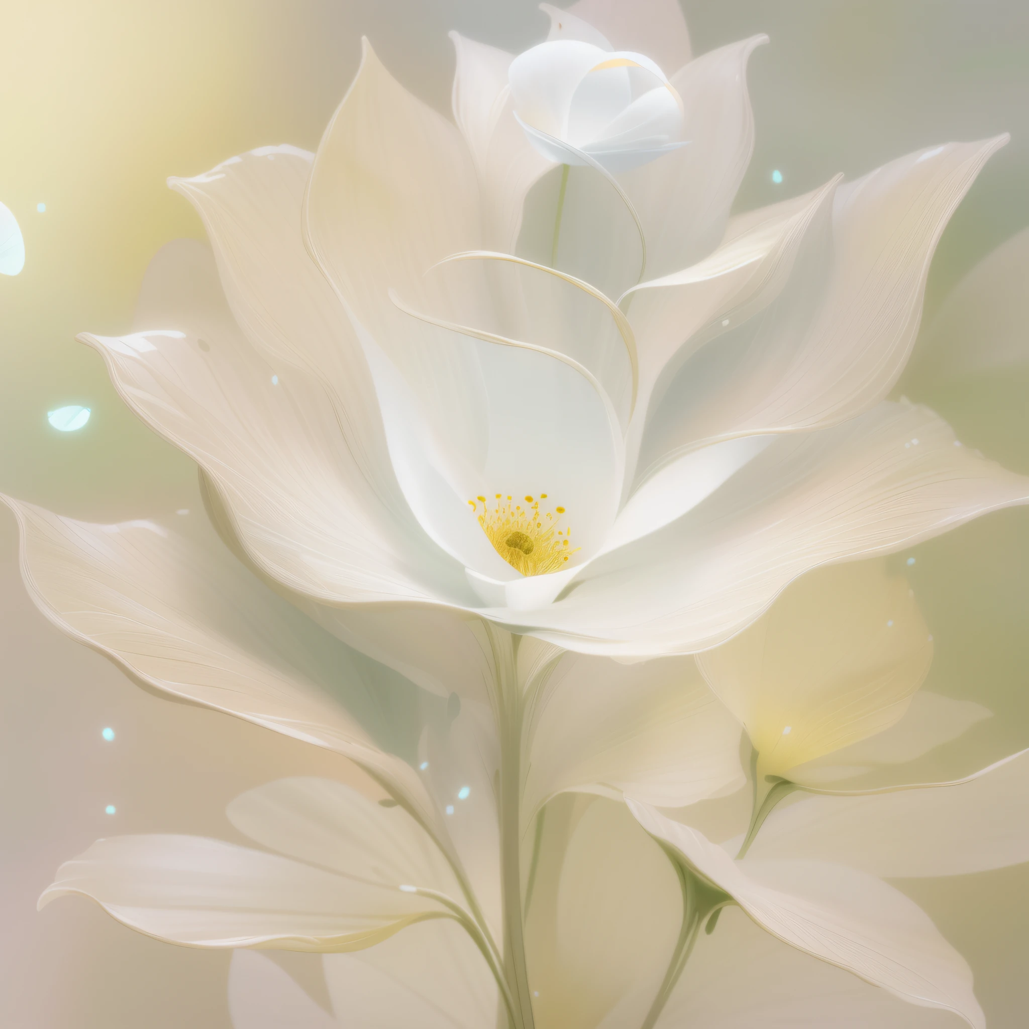 there is a white flower with a yellow center on a stem, flor delicada brilhante, flores luminosas, translucent roses ornate, pintura digital elegante, soft light melanchônica pink, Arte bonita UHD 4K, flores brilhantes, bela arte digital, pintura digital bonita, bela arte digital, pintura digital brilhante, pintura digital suave, magic flowers, flor bonita, arte digital muito bonita