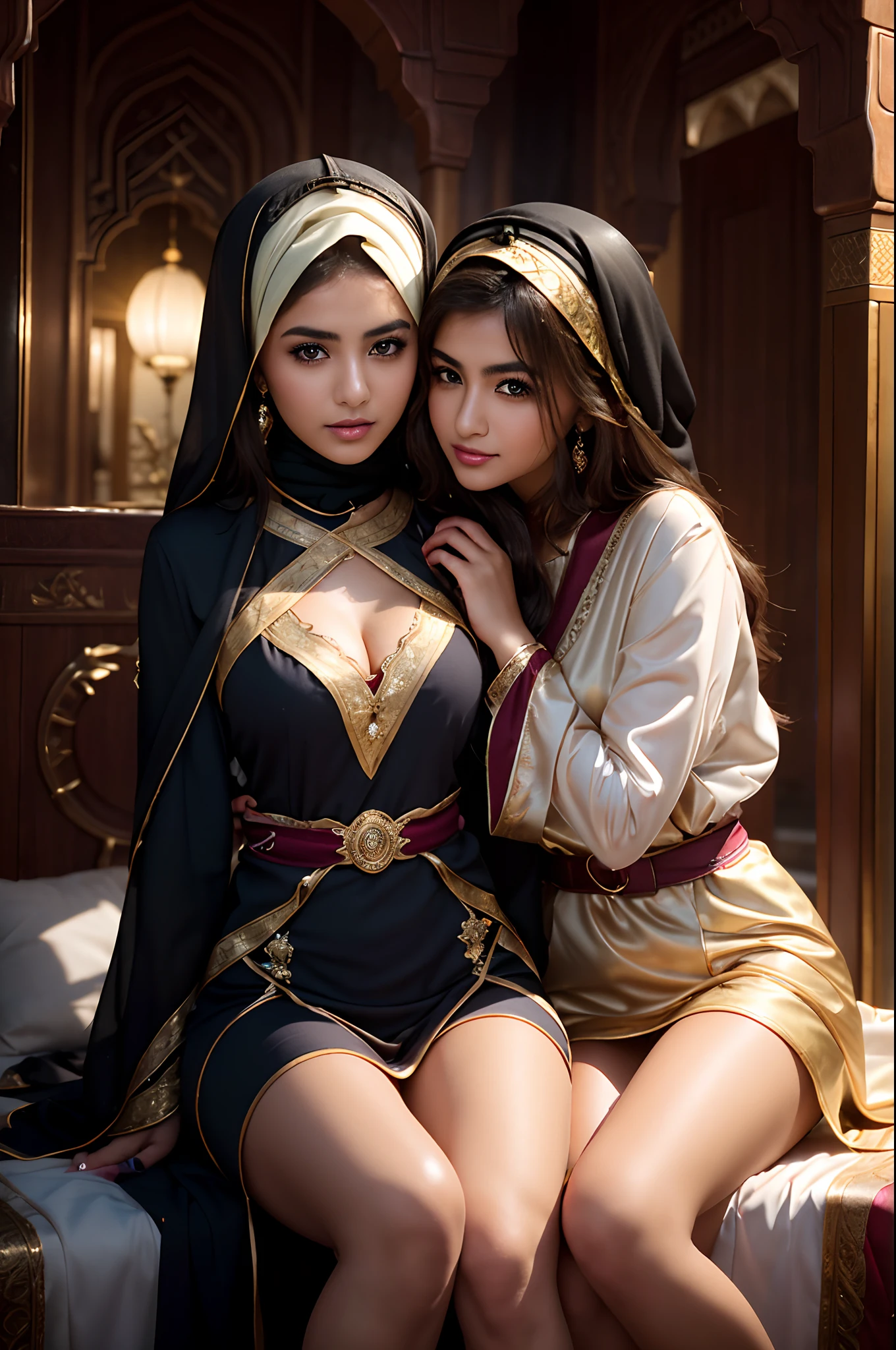 2 Arab girl on a rainy night，Front lens,Arab palace background ,（Close-up Shot Shot：1.6），best qualtiy，f / 1 HD photography T bokeh，Depth of field macro