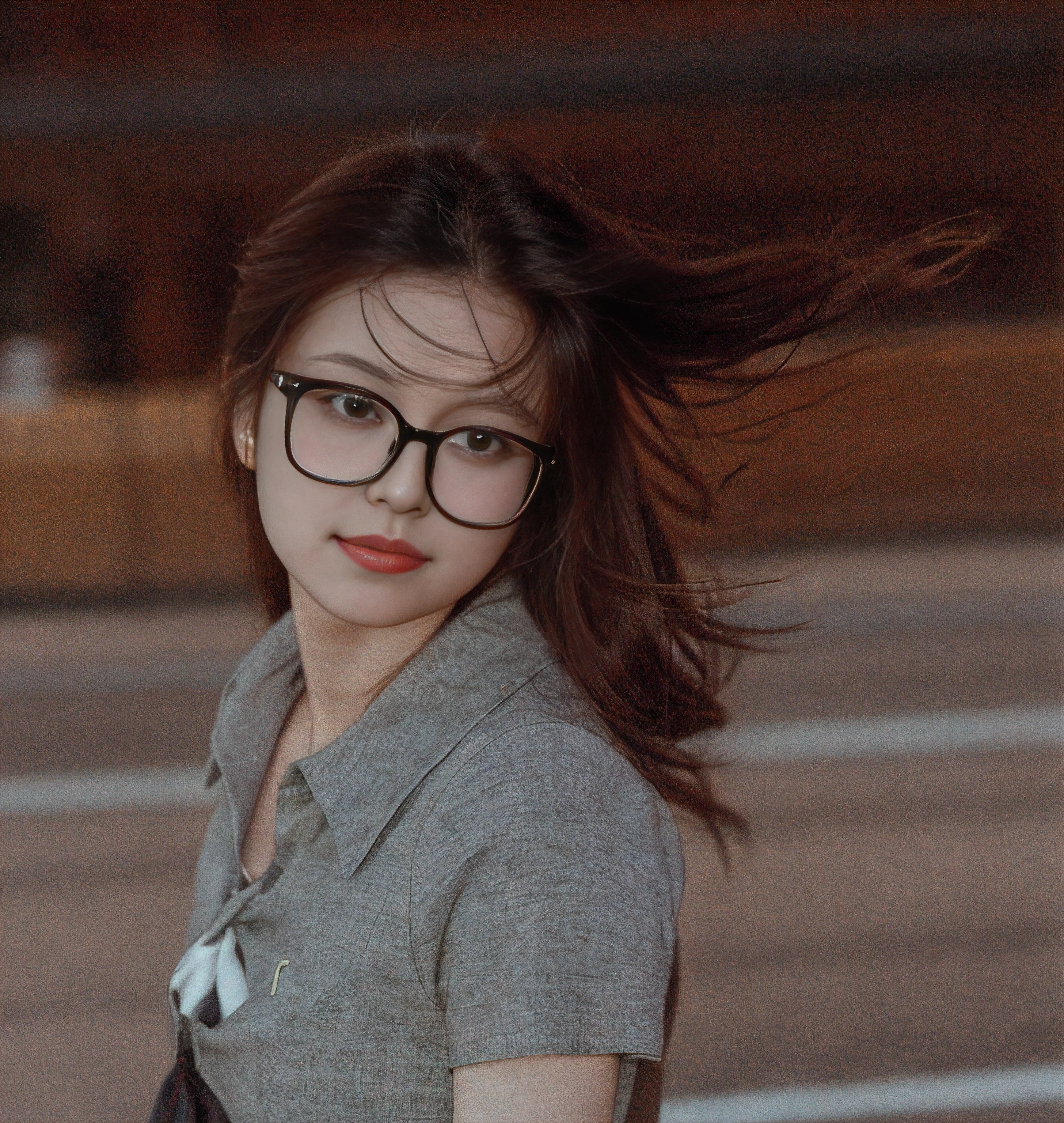 A woman wearing glasses and a tie stands in the street, 50mm portrait, Girl with glasses, a girl with round glasses, INFP young woman, 7 0 mm portrait, 60mm portrait, 3 5 mm portrait, soft light from the side, dslr 5 0 mm portrait photo, shot at golden hour,largeeyes,