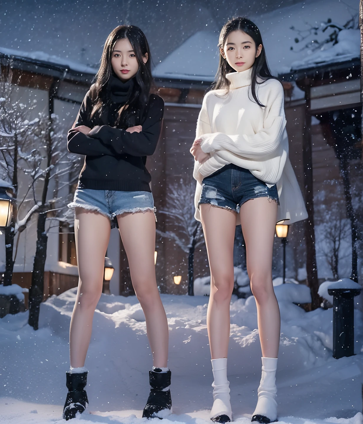A Japanese Lady、beauitful face、long legged、Long Black Hair、Raw feet、Sweaters、Micro shorts、tall、heel、model poses、arms in arms、Oyuki、snow blowing、snow cover、Snow sticks to the body、Snowy landscape at night