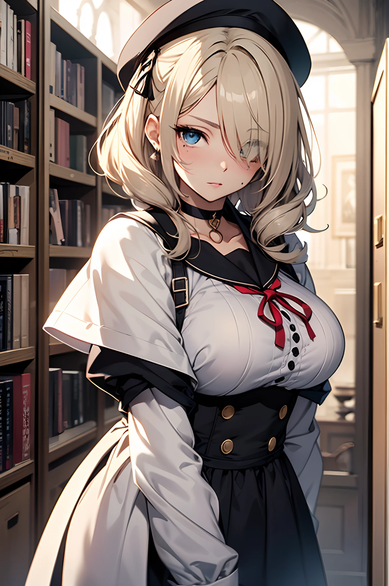 Background with:A room in a large Western mansion(Wall-to-wall bookshelves、Western historical antiques、)。Curvaceous but slender、2 hair colors、Ash color、ornament detached、Maid Sailor、Separate Wear、apron、frilld、a sailor suit、maid clothes、Niso、accessorized、shairband、Muchimuchi Body、well-muscled、mole、hair adornments、shairband、Hats、Distinctive charm points、Eyebrows、Sareme、poneyTail、Muscular nose、red blush、offensive、one eye covered、sadist、Weapon keeping、plump lips、Engaging pose、Physical beauty、Black Choker、disheveled hair、Unique fashion、Depiction in motion、Healing space、soft sunlight、Combining Light and Shadow、(top-quality、hight resolution、8k、masterpiece:1.2)。complex details beautiful and delicate eyes, Smooth Anime CG Art, Detailed Digital Anime Art, official artwork, pixiv style, Detailed anime artwork, artbook artwork, Seductive Anime Girl。