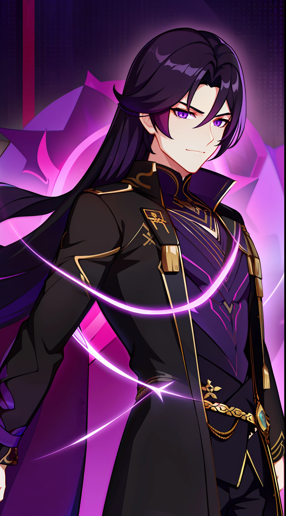 Grown-up guy, Long black hair, violet eyes, smirk, Fiadem, Purple Royal Ninja, Gold Elements, Masterpiece, hiquality, 4k, HD, Good detail