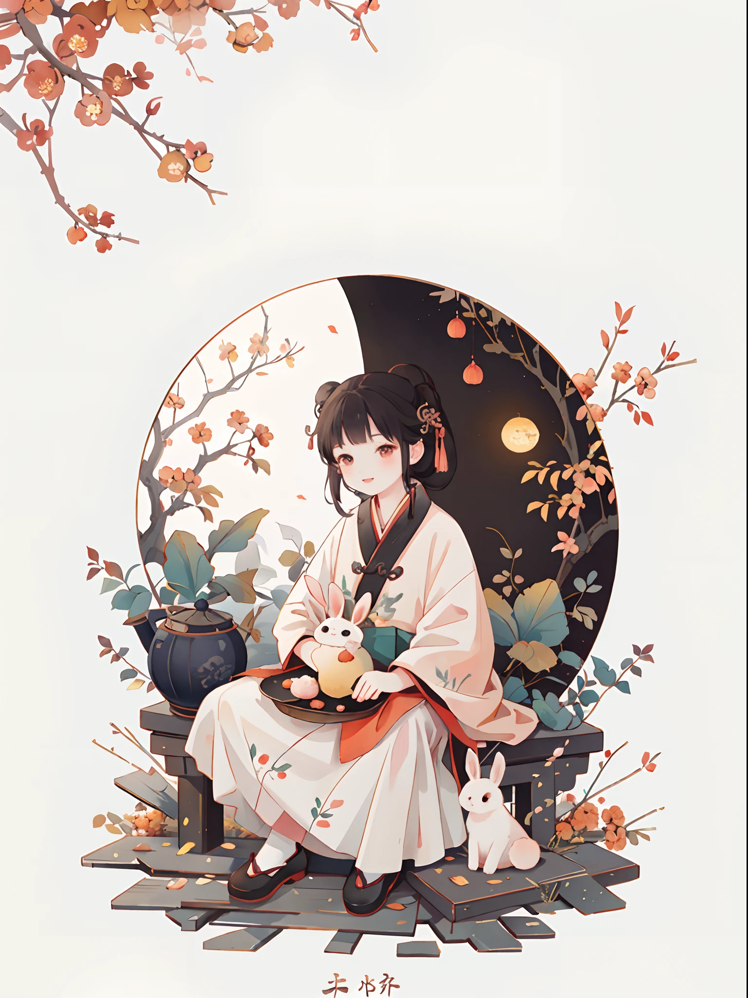 (A rabbit:1.4), sat on the ground, Looking up, Mid-Autumn Festival atmosphere, Traditional Chinese illustration style, Digital art, Simple background, Masterpiece on white background, Best quality, Ultra-detailed, High quality, 4K