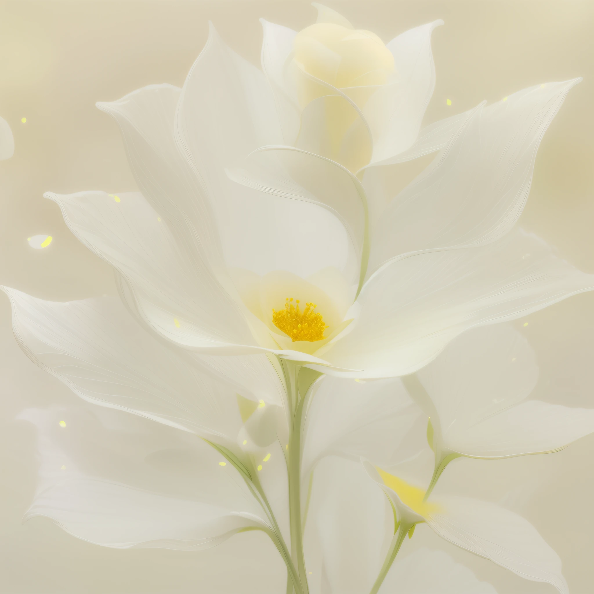 there is a white flower with a yellow center on a stem, flor delicada brilhante, flores luminosas, translucent roses ornate, pintura digital elegante, soft light melanchônica pink, Arte bonita UHD 4K, flores brilhantes, bela arte digital, pintura digital bonita, bela arte digital, pintura digital brilhante, pintura digital suave, magic flowers, flor bonita, arte digital muito bonita
