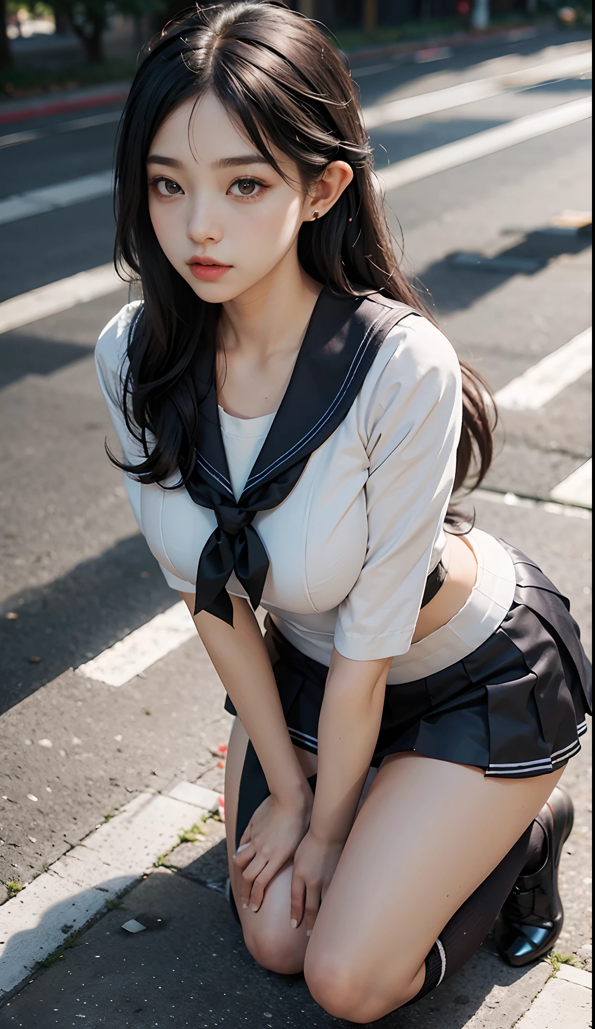 ((top-quality、8K、​masterpiece:1.3))、Beautiful woman with perfect body shape:1.4、((Brown hair、tits out:1.2))、Put your arms behind your head、student clothes(((Eaton jacket type school uniform、a miniskirt)))、On the beach、Highly detailed facial and skin texture、A detailed eye、二重まぶた