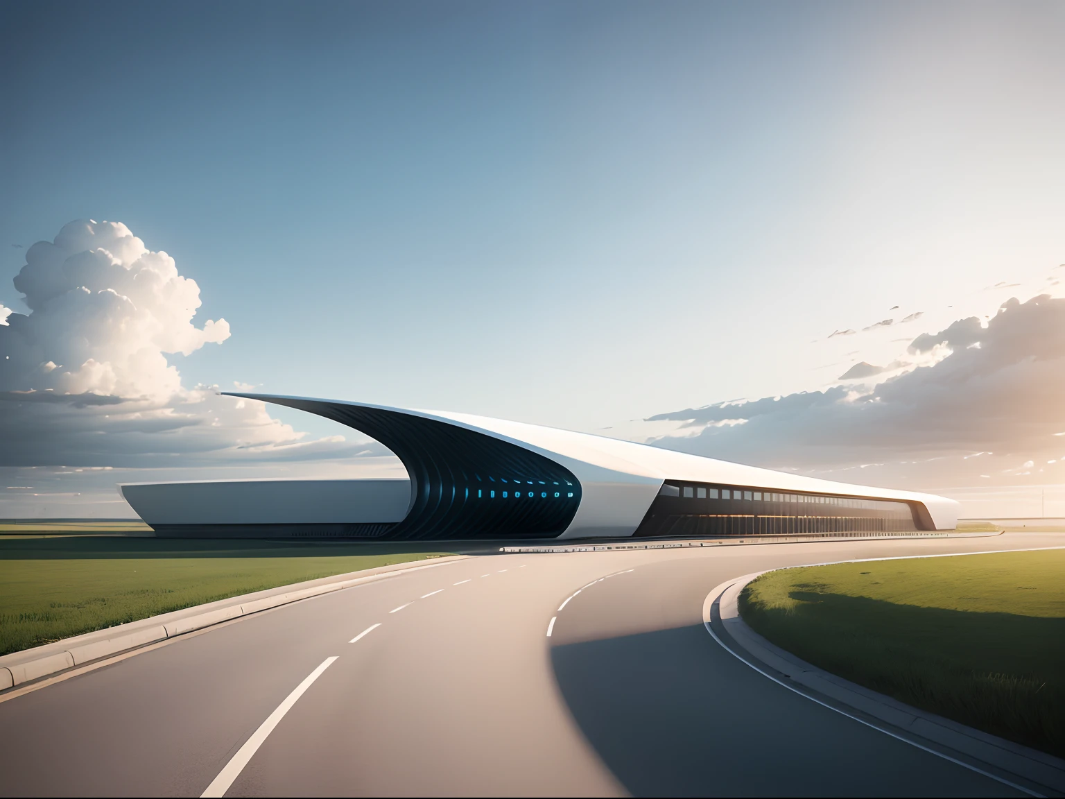 Background image of automotive product rendering，Empty field，In the distance is a futuristic technology building with a sense of line，The ground occupies three-quarters，Blue skies and white clouds occupy a quarter of the picture，AI technology sense realistic photos，Light style