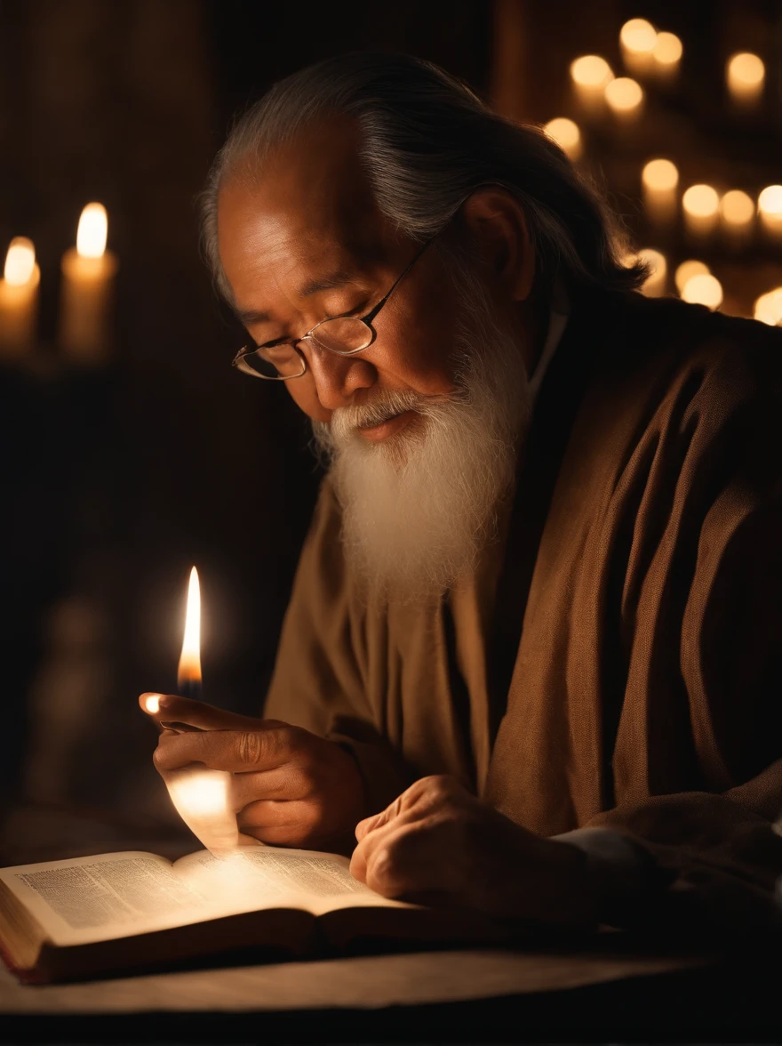 (Biblical times) On the left is an old man，Asian people，femele，Holding a glowing book in his hand,  depth of fields, Bokeh, hentail realism, Fotorrealista, ultra-realistic realism, professional photoshooting, 8K  UHD , Digital SLR, hdr , Primary tablet, best qualityer, Granular film, photorealistic paintings, Fujifilm XT3